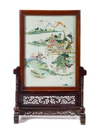 A Famille Rose Porcelain Inset Hardwood Table Screen Height 26 inches. — 19TH CENTURY