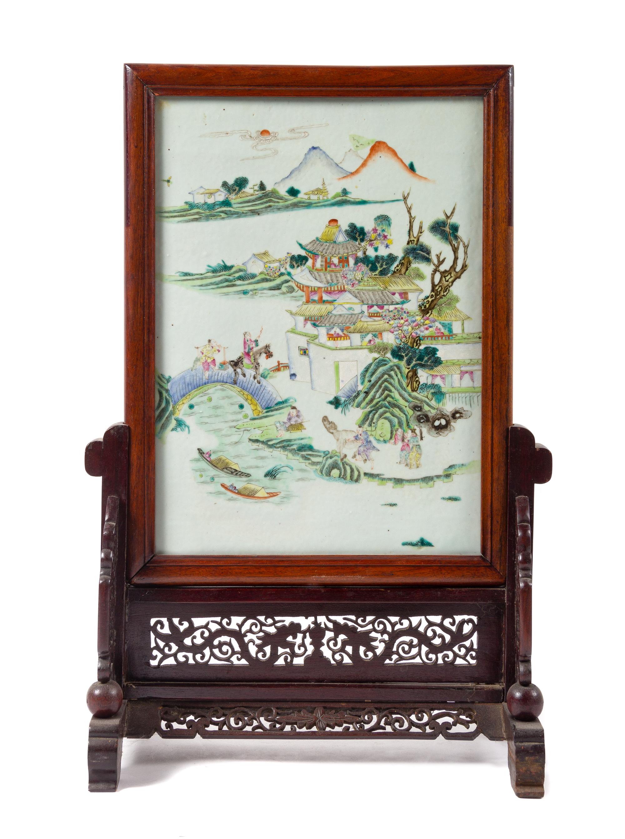 A Famille Rose Porcelain Inset Hardwood Table Screen Height 26 inches. — 19TH CENTURY