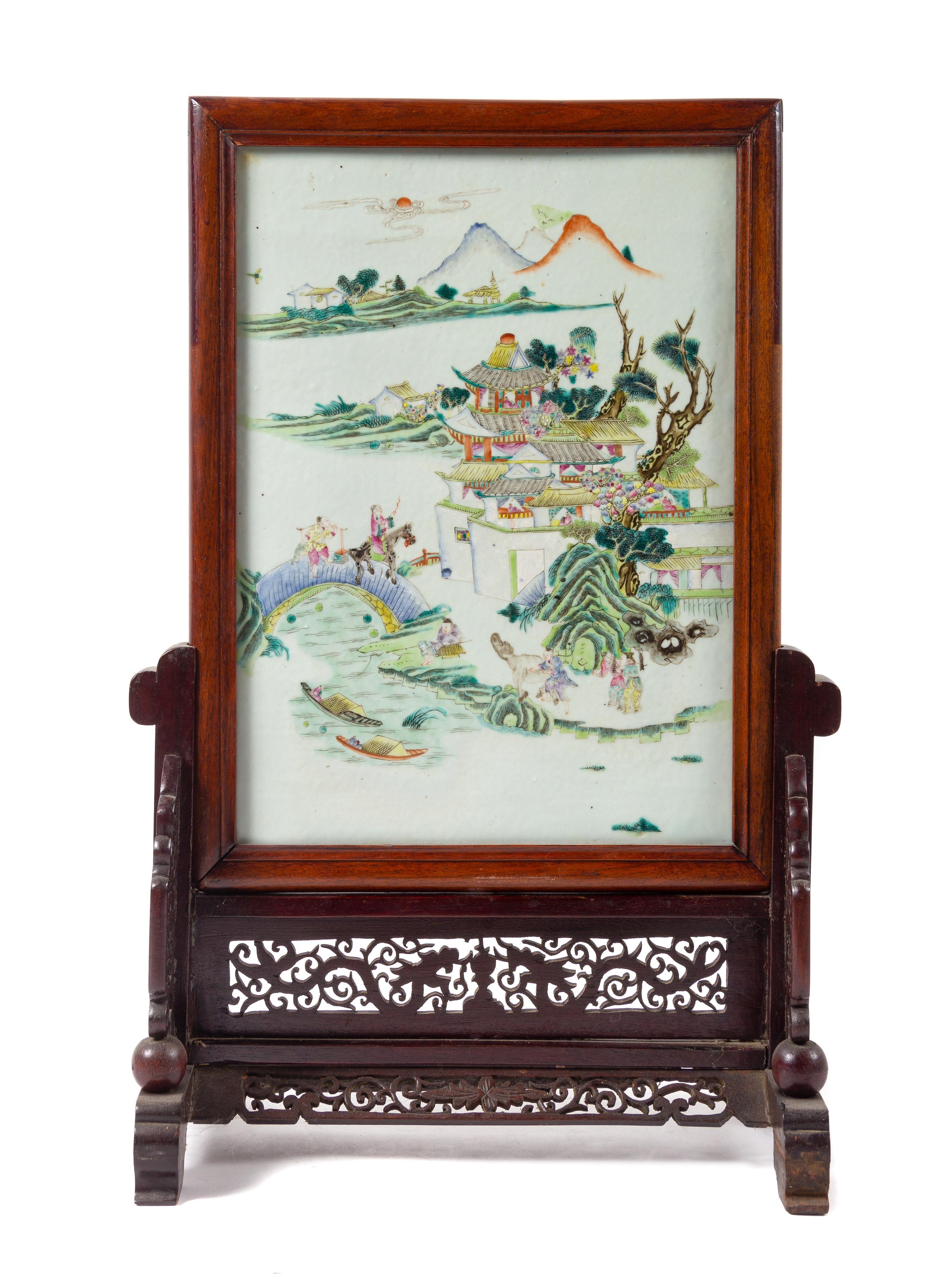 A Famille Rose Porcelain Inset Hardwood Table Screen Height 26 inches. — 19TH CENTURY