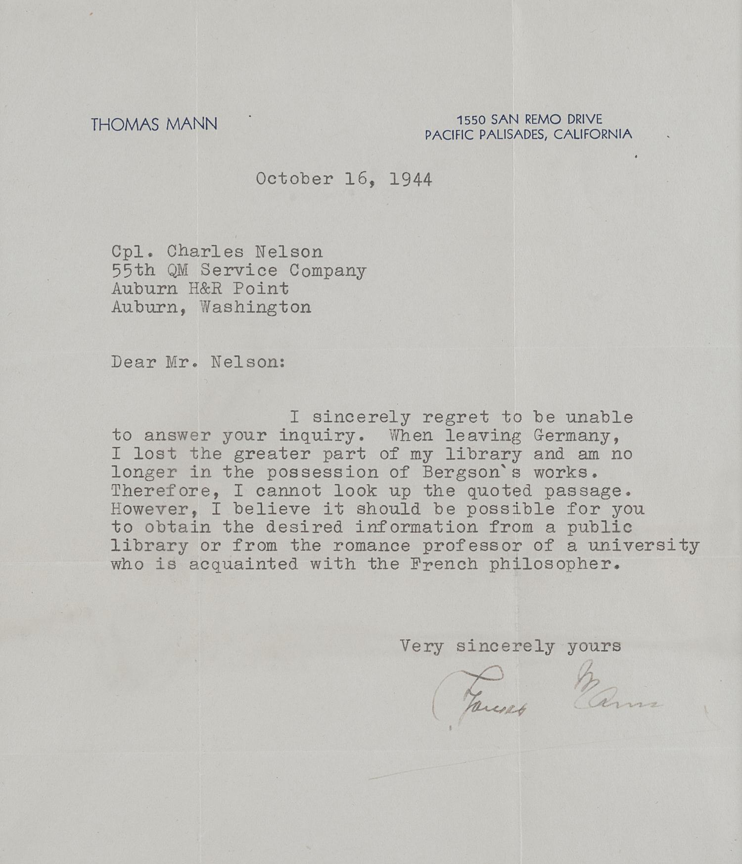 MANN, Thomas. Typed letter signed ("Thomas Mann"), to Corporal Charles Nelson. Pacific Palisades, California, 16 October 1944. 1 page, 4to, visible area 203 x 179 mm, matted and framed with a photographic portrait of Mann, unexamined out of frame, creased.