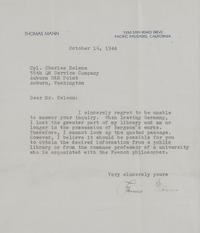 MANN, Thomas. Typed letter signed ("Thomas Mann"), to Corporal Charles Nelson. Pacific Palisades, California, 16 October 1944. 1 page, 4to, visible area 203 x 179 mm, matted and framed with a photographic portrait of Mann, unexamined out of frame, creased.