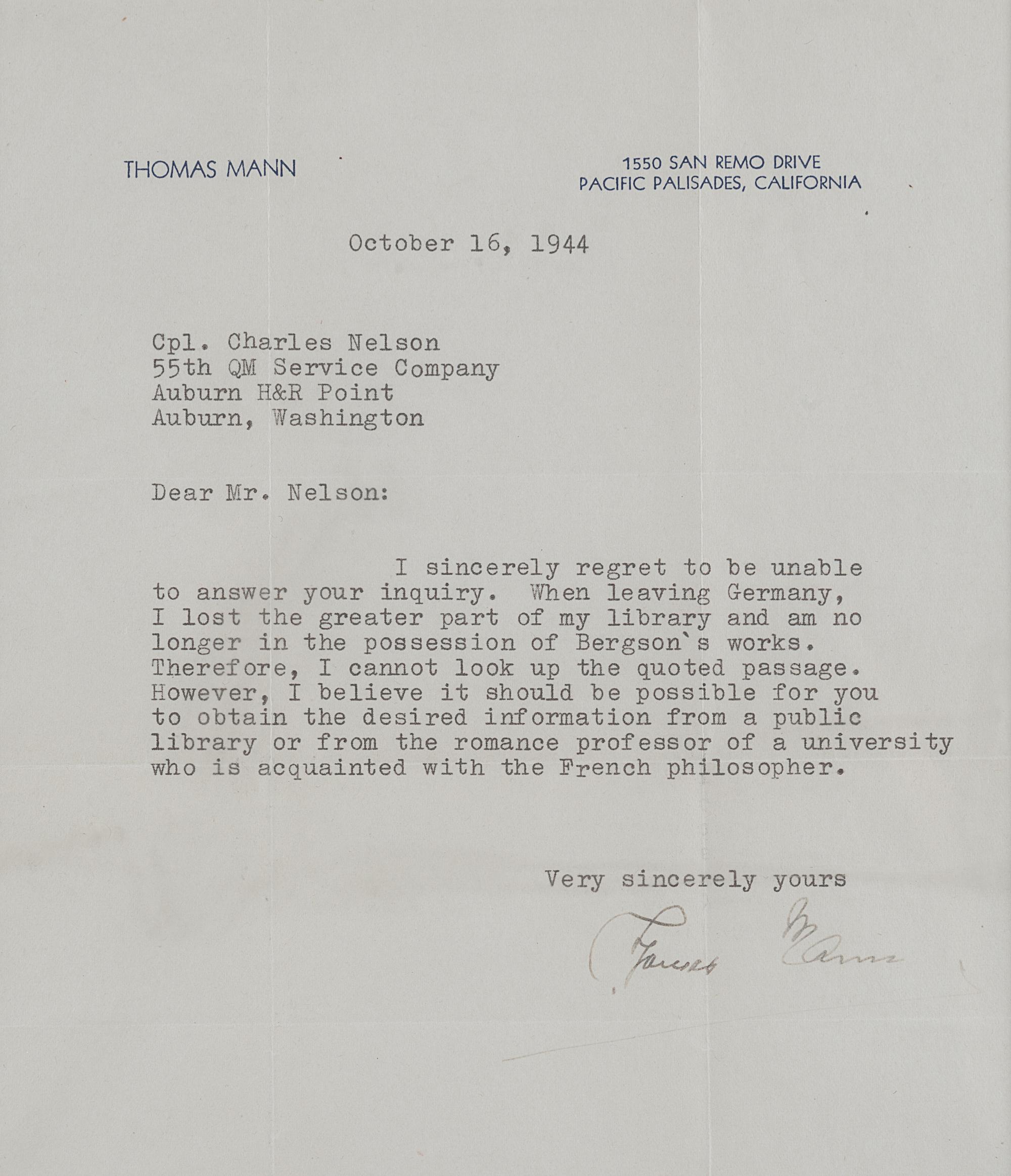 MANN, Thomas. Typed letter signed ("Thomas Mann"), to Corporal Charles Nelson. Pacific Palisades, California, 16 October 1944. 1 page, 4to, visible area 203 x 179 mm, matted and framed with a photographic portrait of Mann, unexamined out of frame, creased.