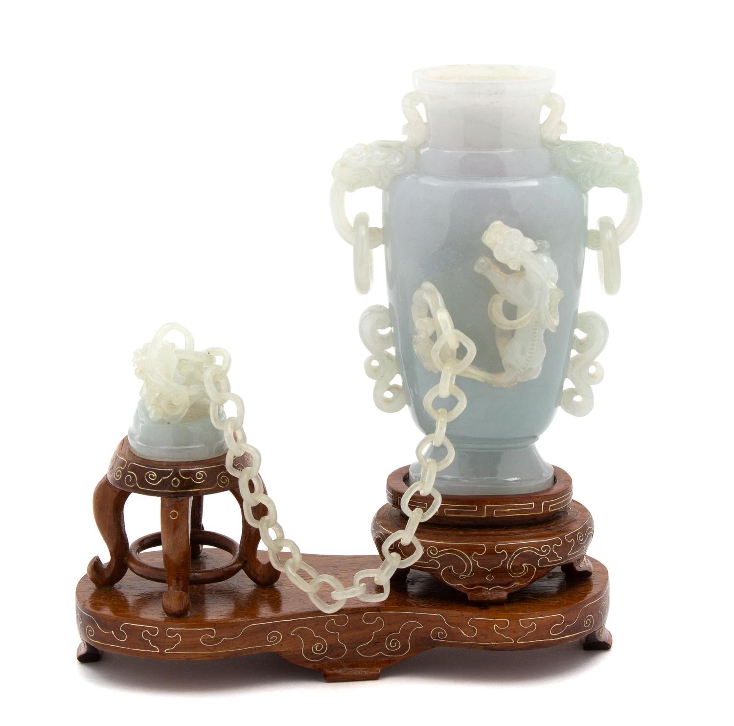 A Chinese Carved Jadeite Censer on Stand Height 6 inches. — 20TH CENTURY