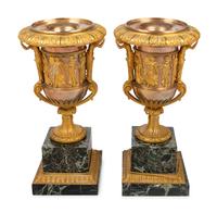 A Pair of Neoclassical Gilt Bronze and Marble Campagna-Form Urns