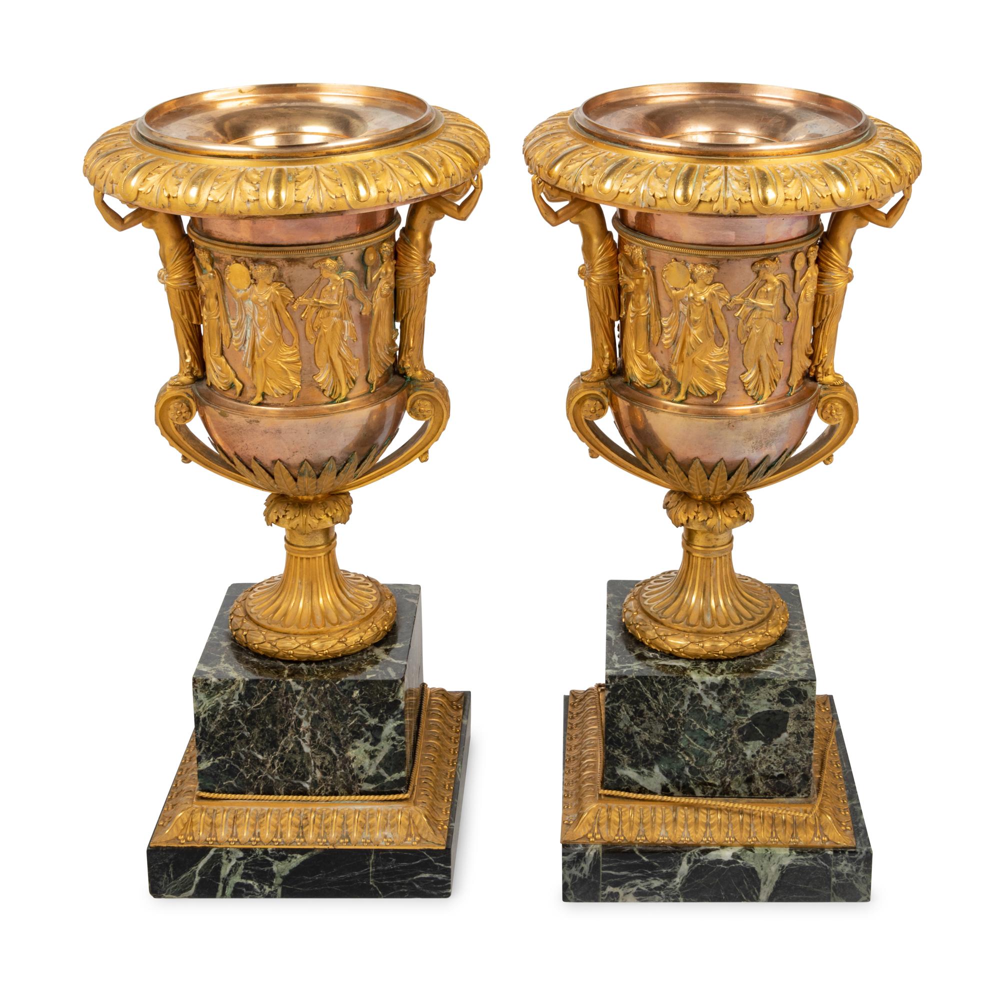 A Pair of Neoclassical Gilt Bronze and Marble Campagna-Form Urns
