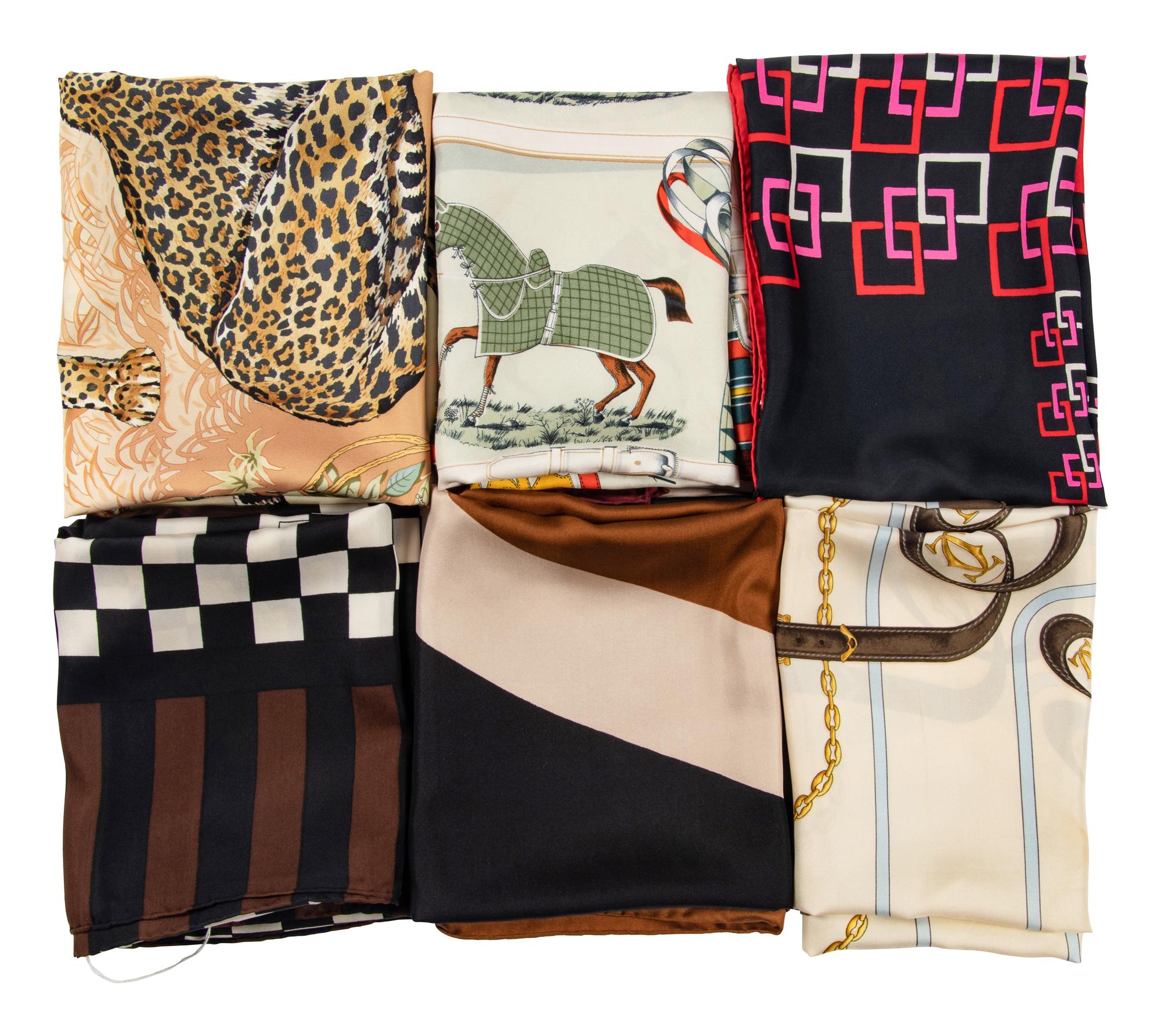 Collection of Six Designer Scarves; Two Hermes, Two YSL, One Dior, One Cartier