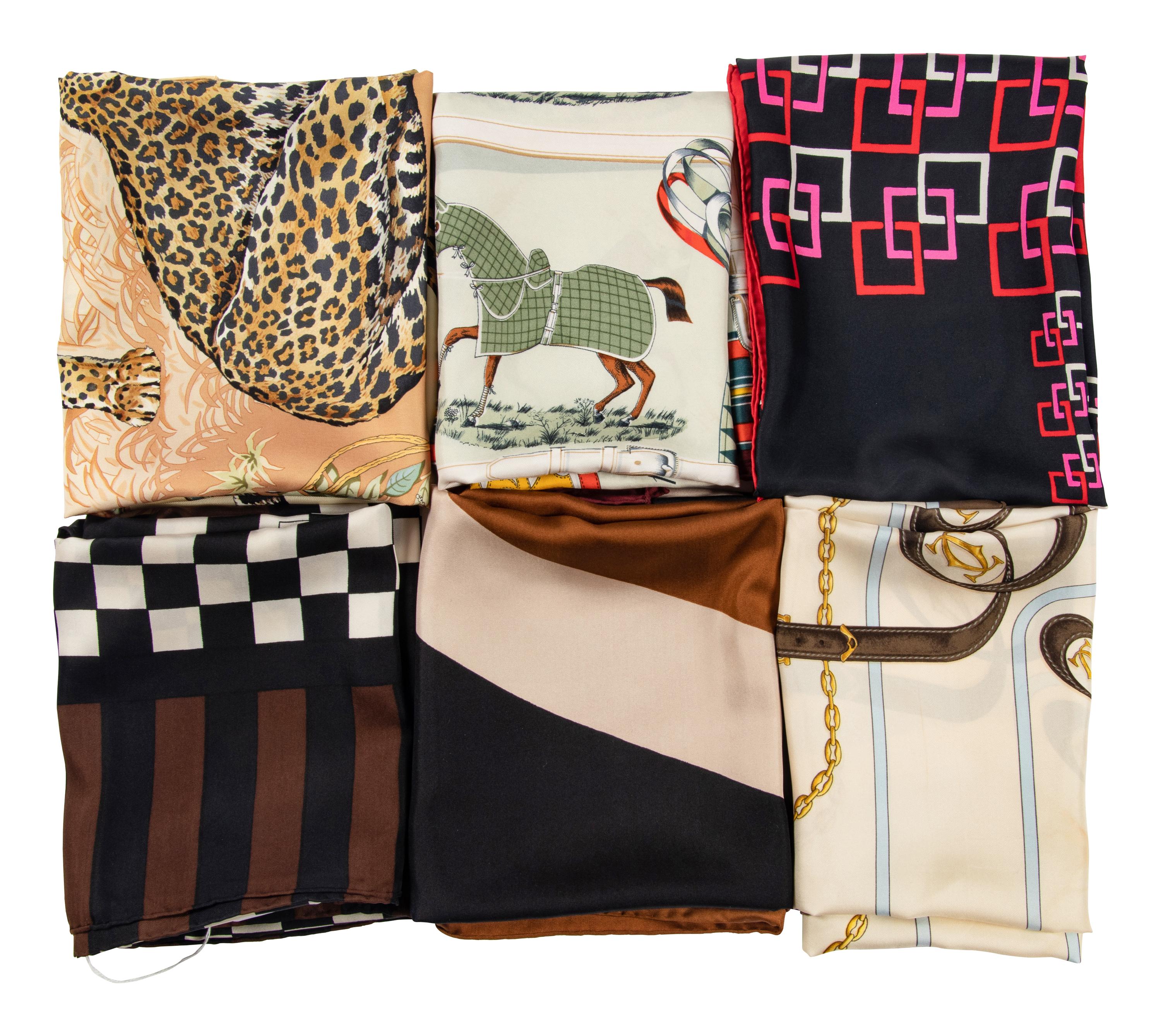 Collection of Six Designer Scarves; Two Hermes, Two YSL, One Dior, One Cartier