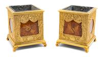 A Pair of Empire Style Gilt Bronze and Marquetry Cache Pots Height 9 1/4 x width 7 5/8 x depth 7 5/8 inches. — 19TH CENTURY