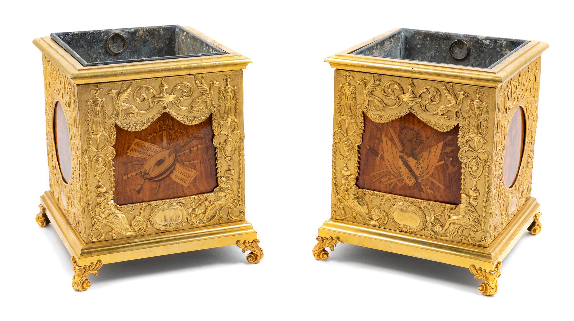 A Pair of Empire Style Gilt Bronze and Marquetry Cache Pots Height 9 1/4 x width 7 5/8 x depth 7 5/8 inches. — 19TH CENTURY