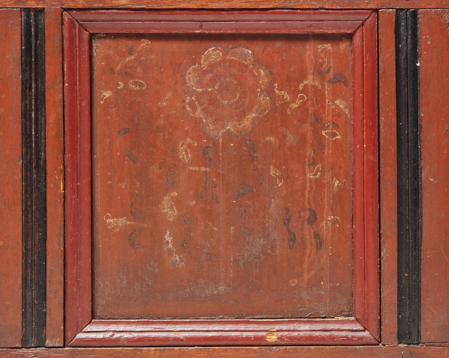 A Pilgrim Century Carved And Polychrome-Decorated Pine, Tulip Poplar and Oak Blanket Chest