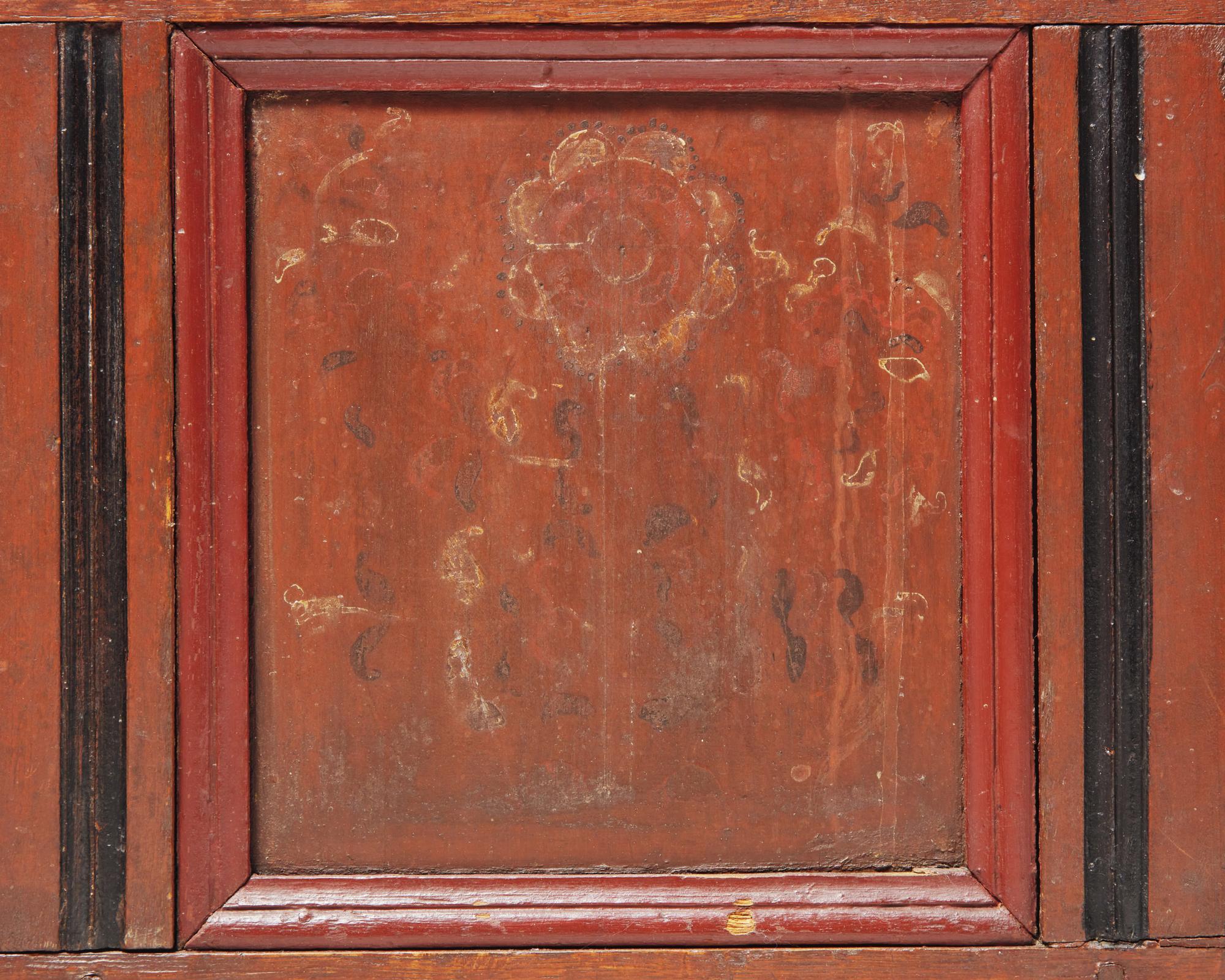 A Pilgrim Century Carved And Polychrome-Decorated Pine, Tulip Poplar and Oak Blanket Chest