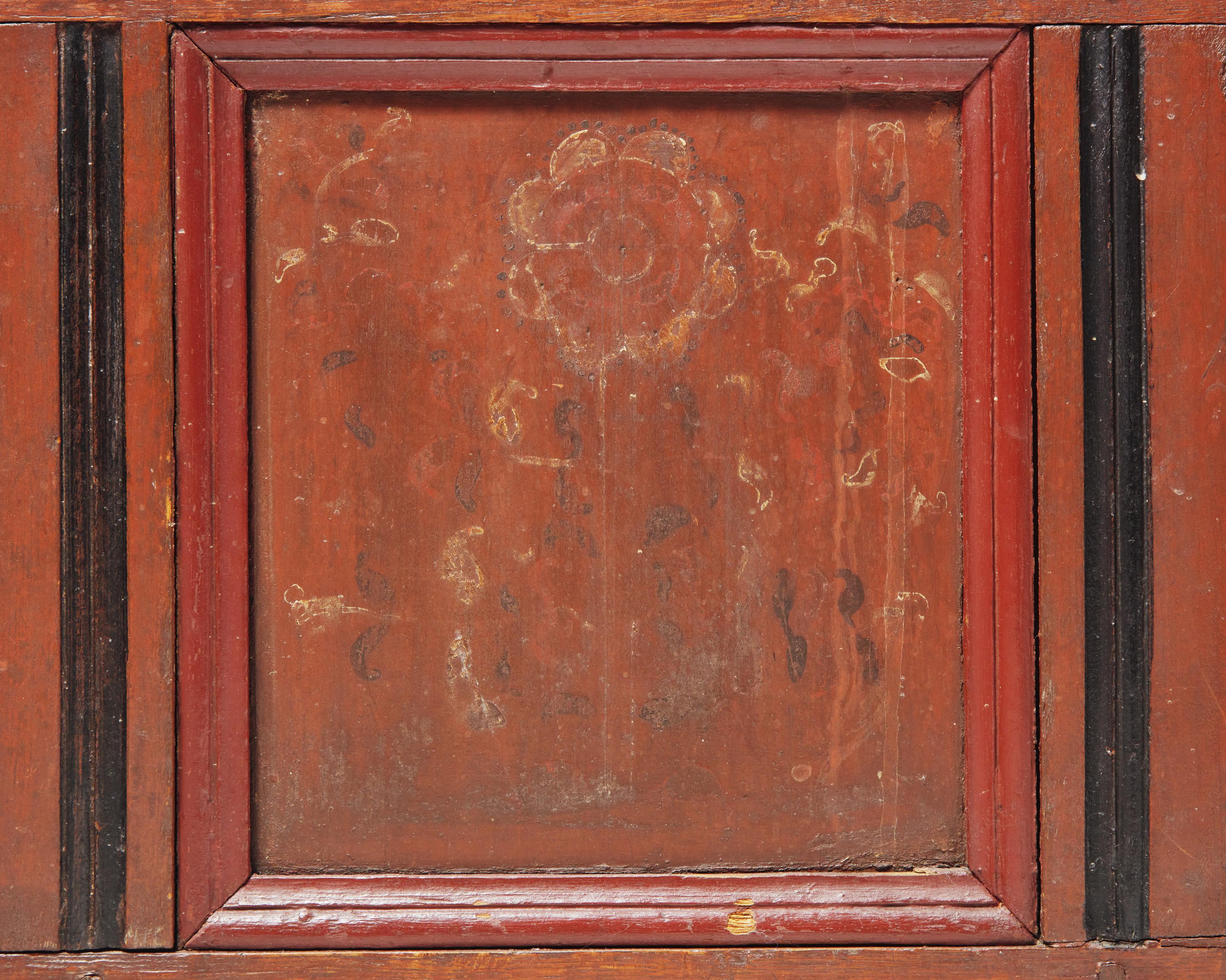 A Pilgrim Century Carved And Polychrome-Decorated Pine, Tulip Poplar and Oak Blanket Chest