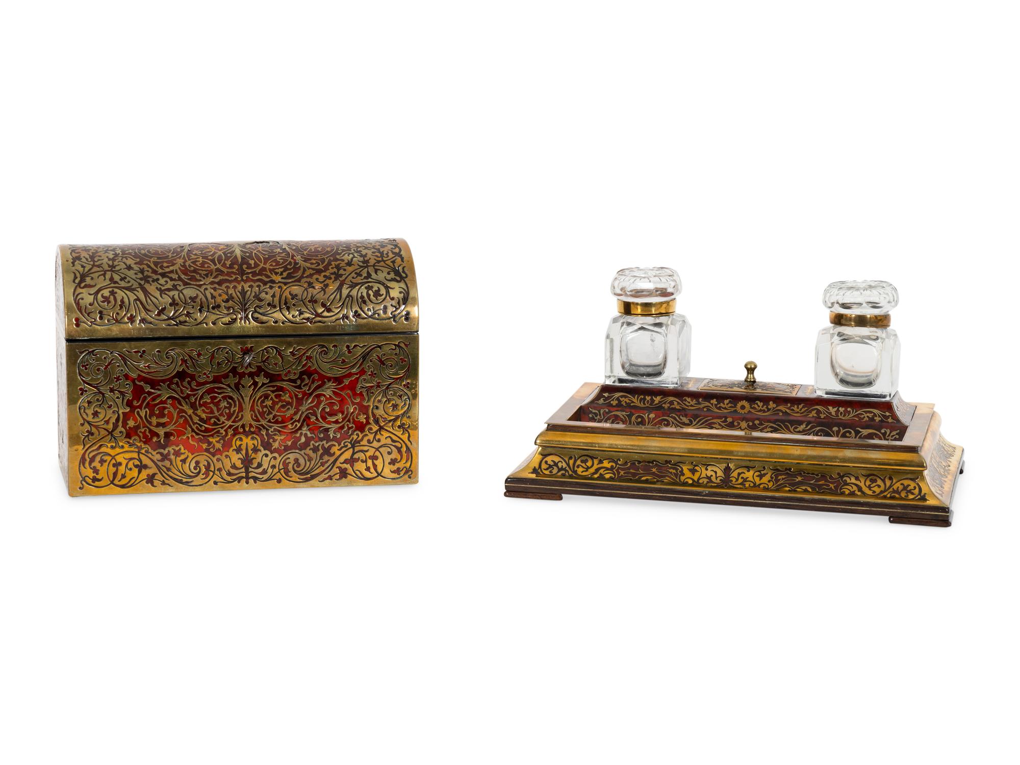 A French Boulle Marquetry and Tortoise Shell Standish and Domed Letter Box