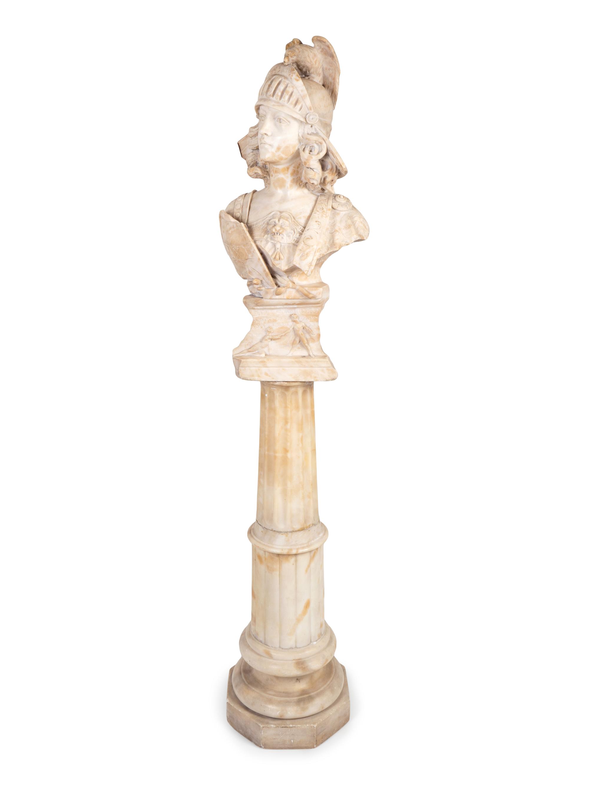 A Classical Style Carved Alabaster Bust of Athena on Pedestal — 19TH/20TH CENTURY