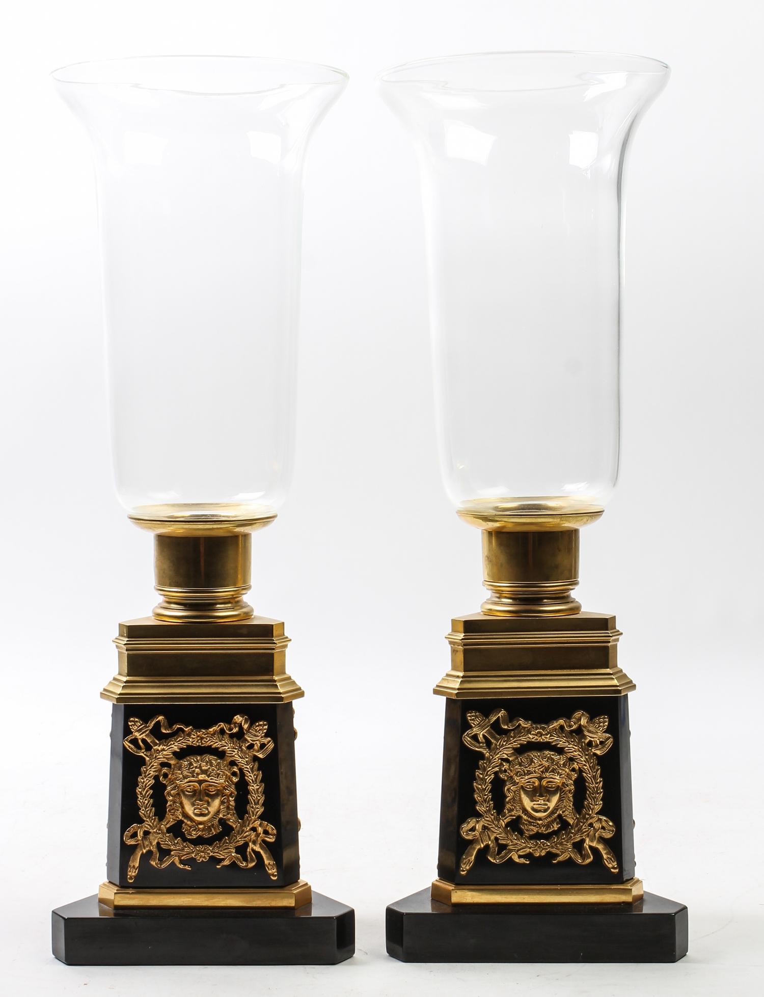 A Pair of Empire Style Gilt Bronze and Marble Candle Holders Height 18 inches. — 20TH CENTURY