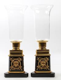 A Pair of Empire Style Gilt Bronze and Marble Candle Holders Height 18 inches. — 20TH CENTURY