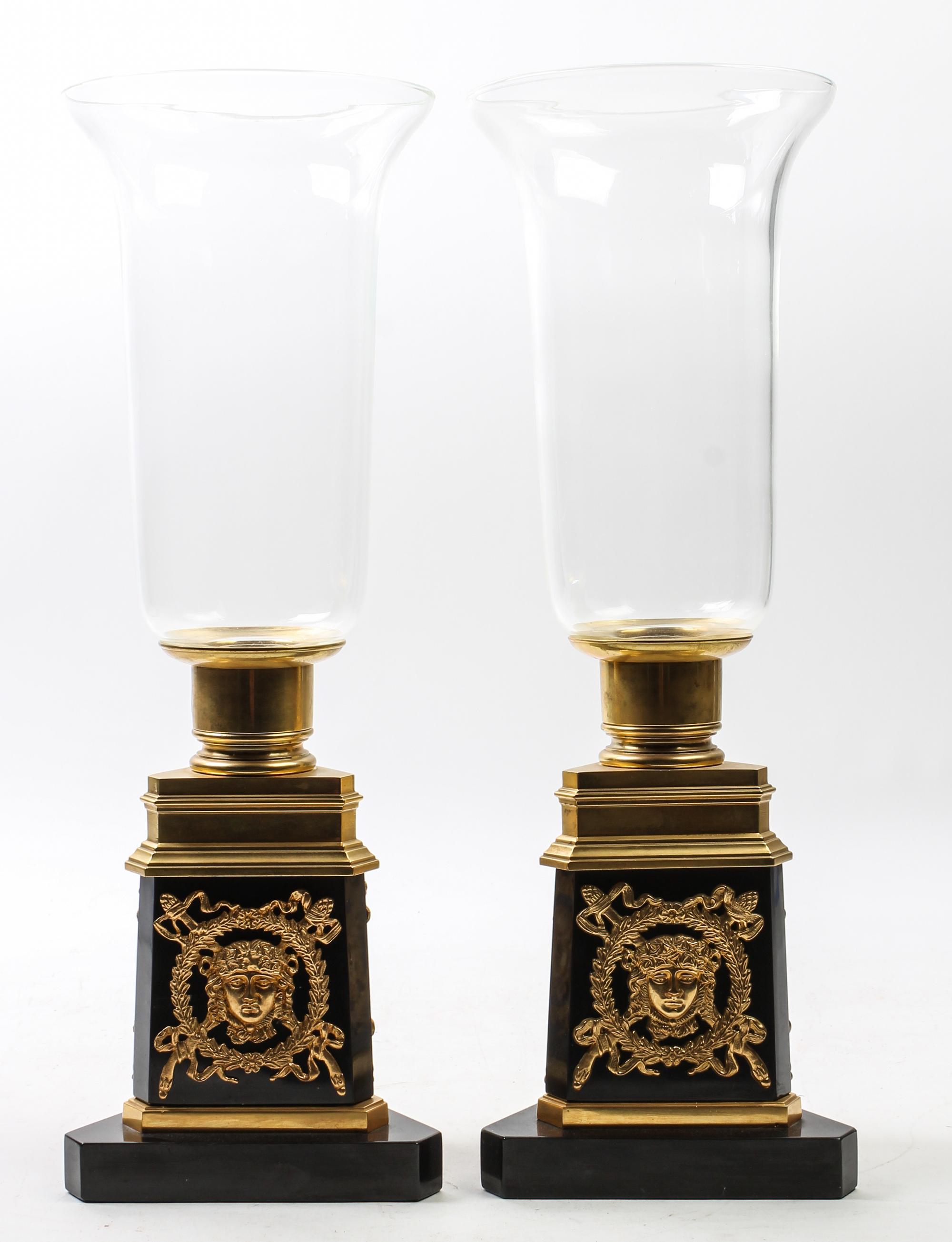 A Pair of Empire Style Gilt Bronze and Marble Candle Holders Height 18 inches. — 20TH CENTURY