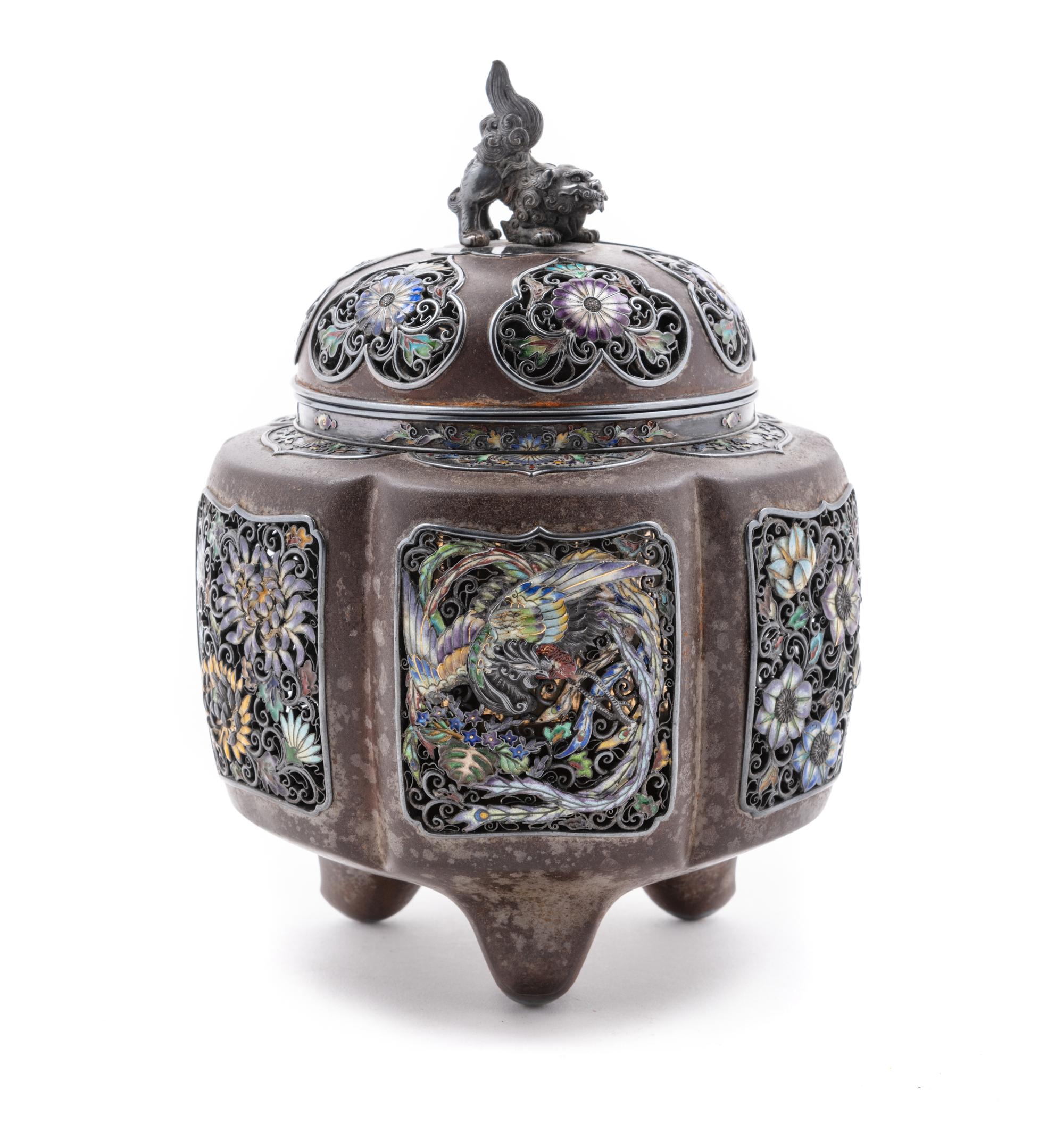 A Japanese Enamel and Bronze Reticulated Covered Incense Burner, Koro