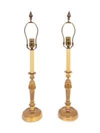 A Pair of Empire Style Gilt Bronze Candlesticks Mounted as Lamps
