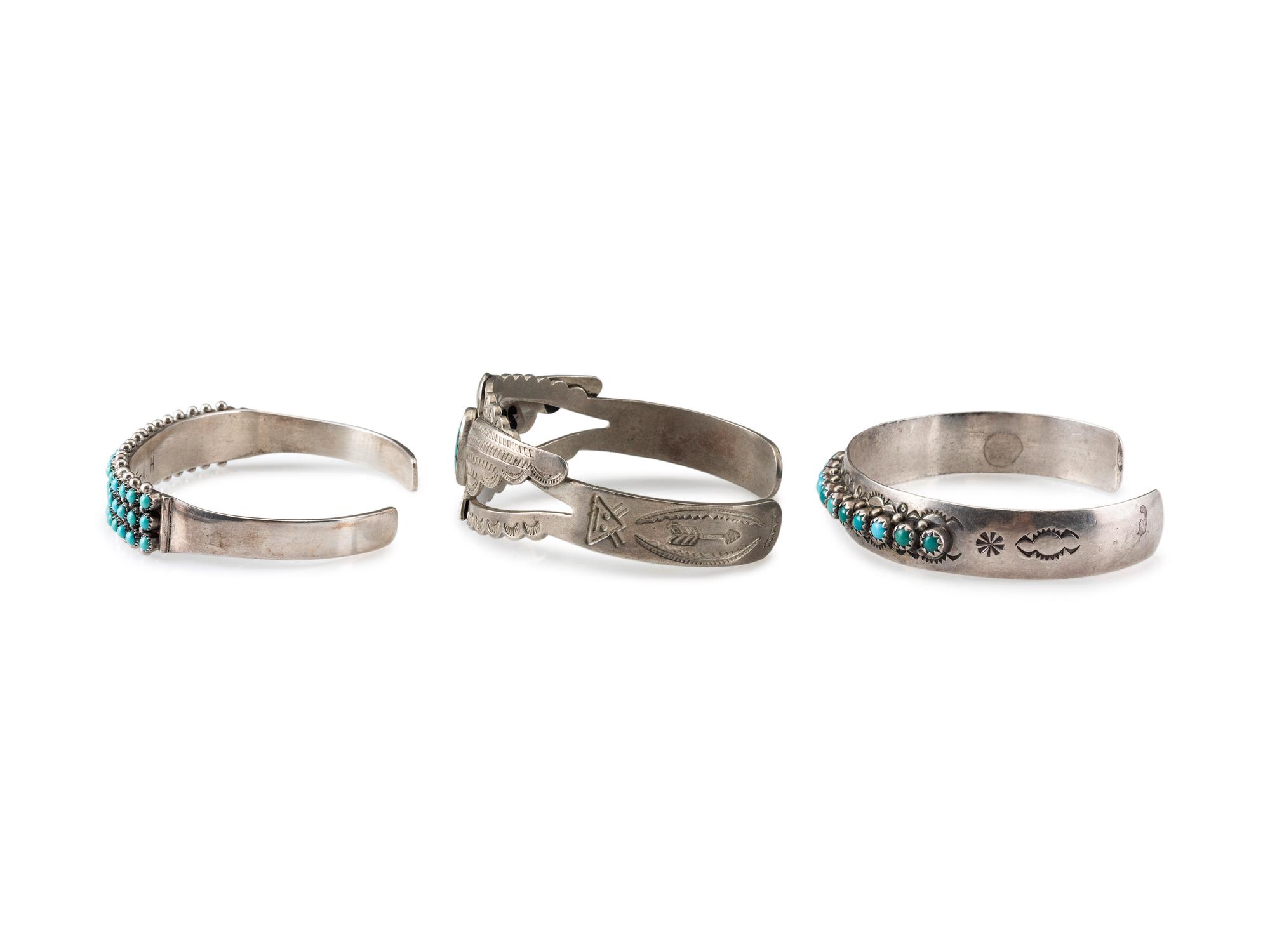 Fred Harvey Era AND Navajo Petit Point Turquoise and Silver Cuff Bracelets