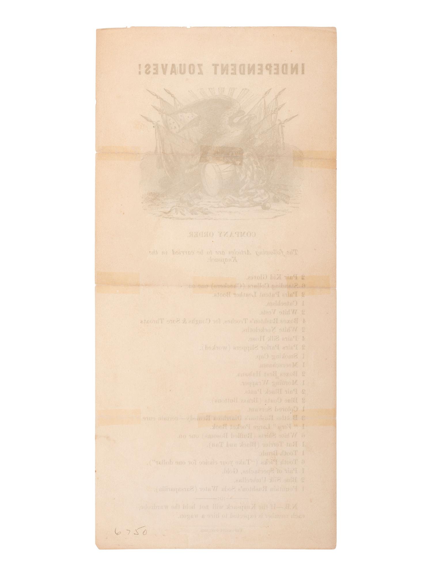[CIVIL WAR]. Independent Zouaves! Farcical illustrated flyer aimed at the Zouave regiments.