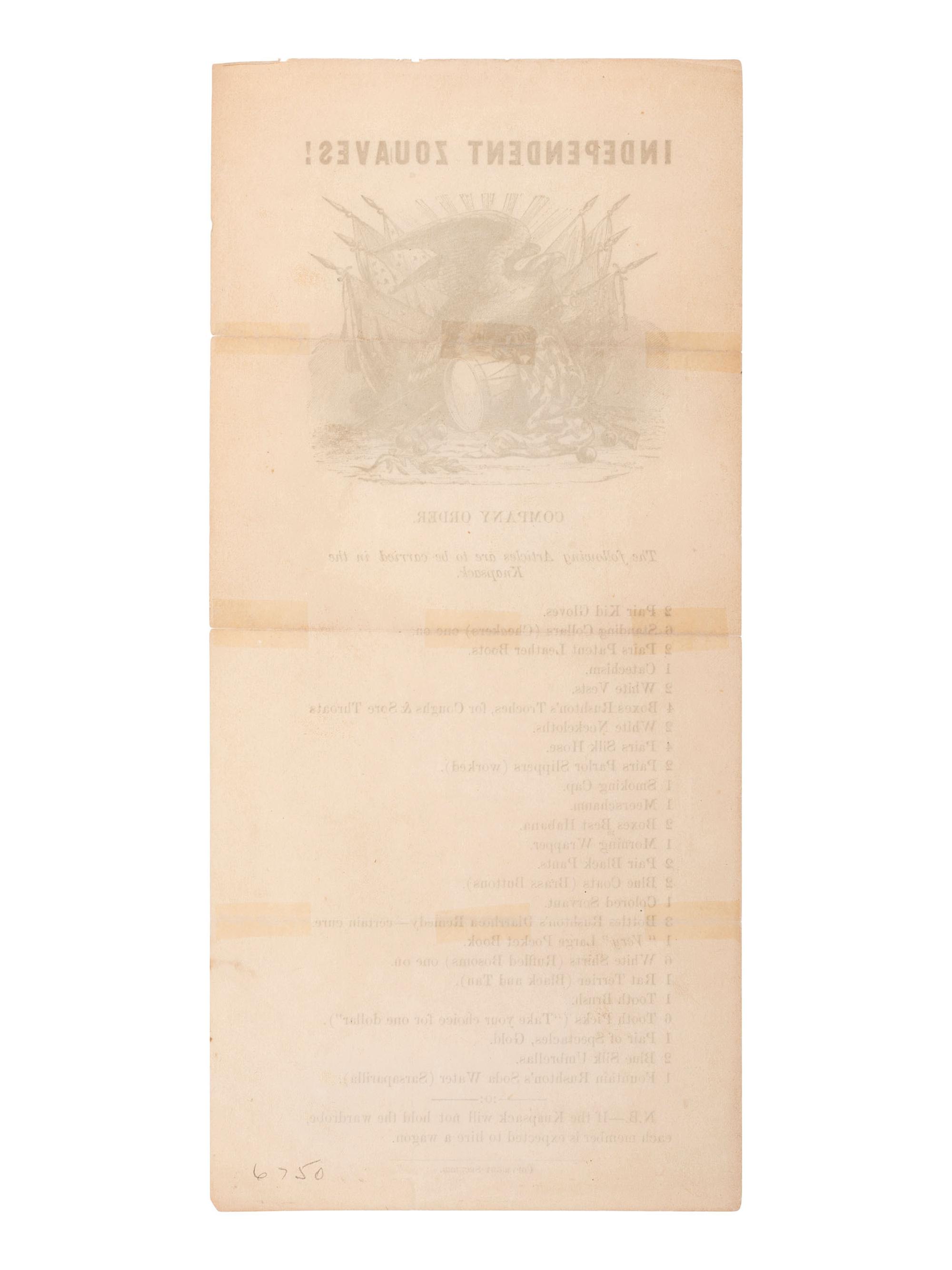 [CIVIL WAR]. Independent Zouaves! Farcical illustrated flyer aimed at the Zouave regiments.