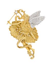 A Yellow Gold and Diamond Fairy Motif Pendant/Brooch, 18.70 dwts.