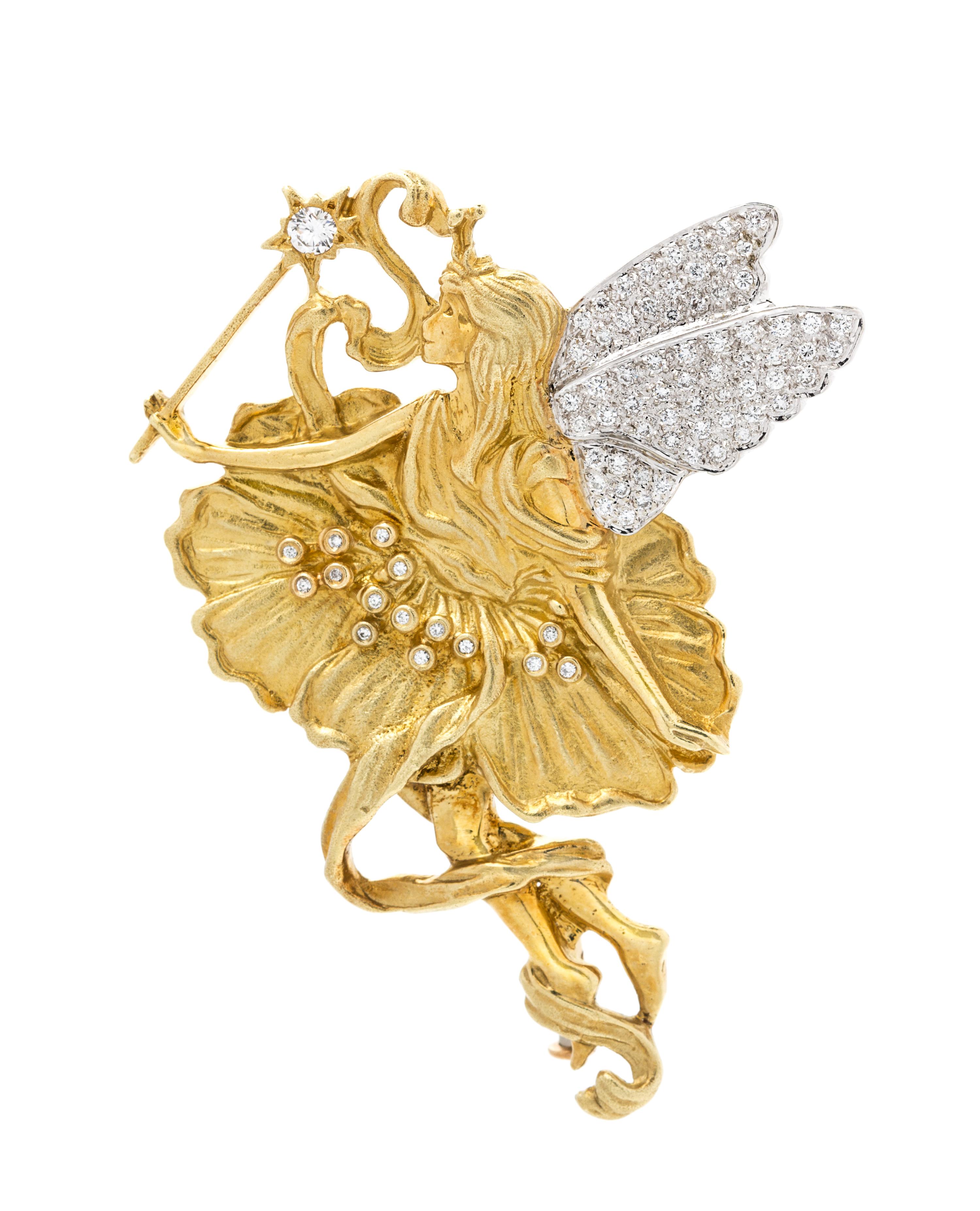 A Yellow Gold and Diamond Fairy Motif Pendant/Brooch, 18.70 dwts.