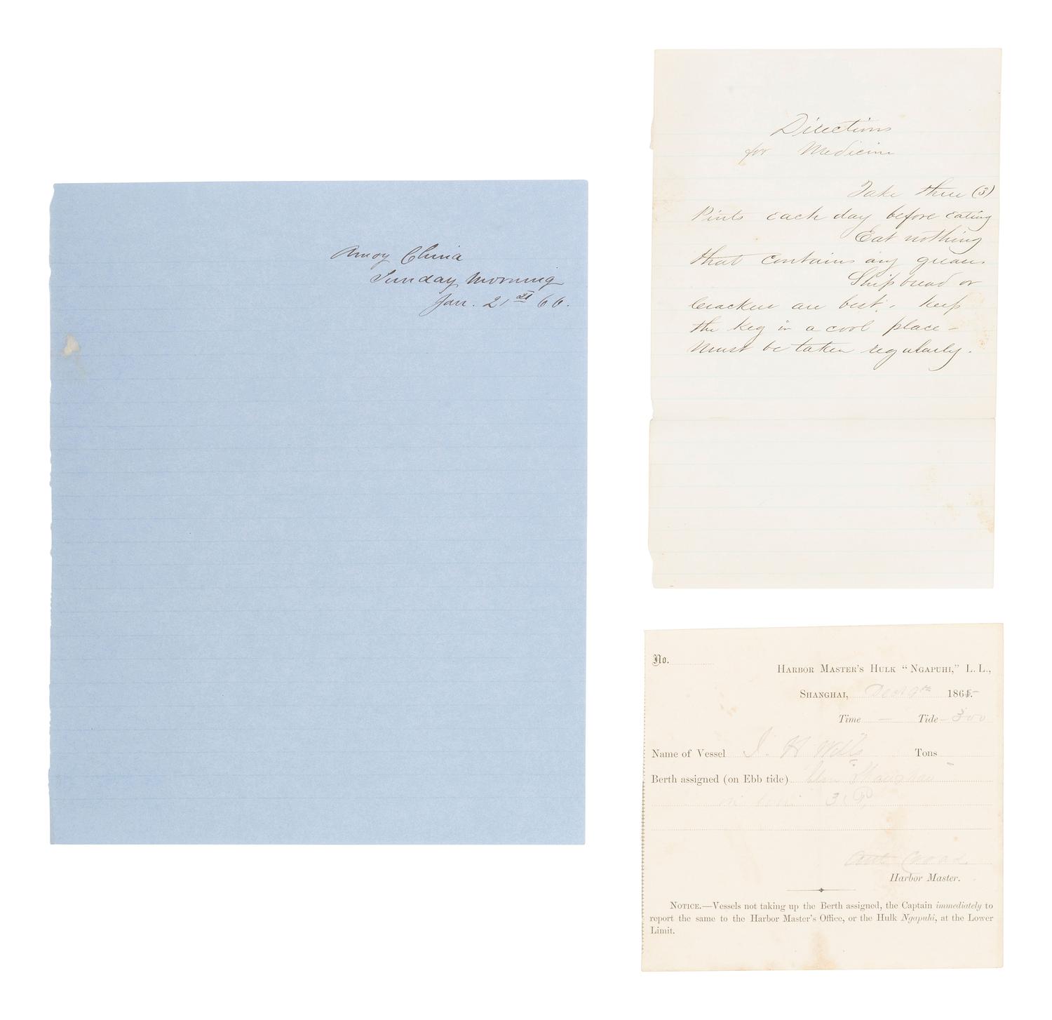 [MARITIME]. Log of the Barques Wavelet , Looling , and J.H. Wills documenting journeys in East Asia, ca 1862-1865. [ With: ] Notebook containing sea shanties and sketches of ships, ca 1862-63.