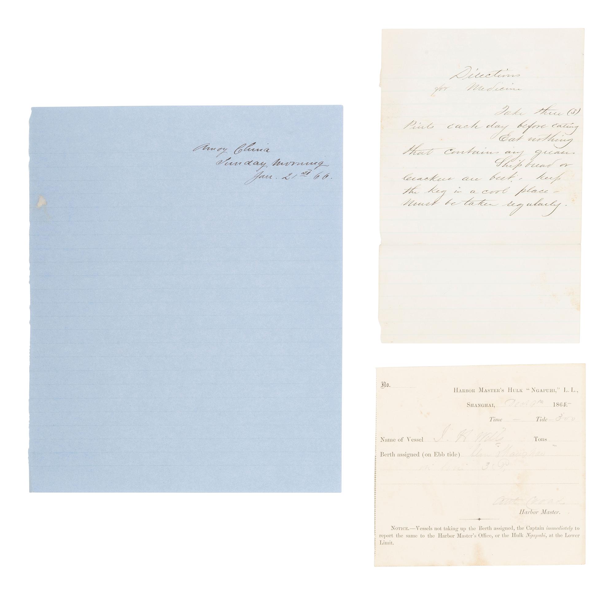 [MARITIME]. Log of the Barques Wavelet , Looling , and J.H. Wills documenting journeys in East Asia, ca 1862-1865. [ With: ] Notebook containing sea shanties and sketches of ships, ca 1862-63.