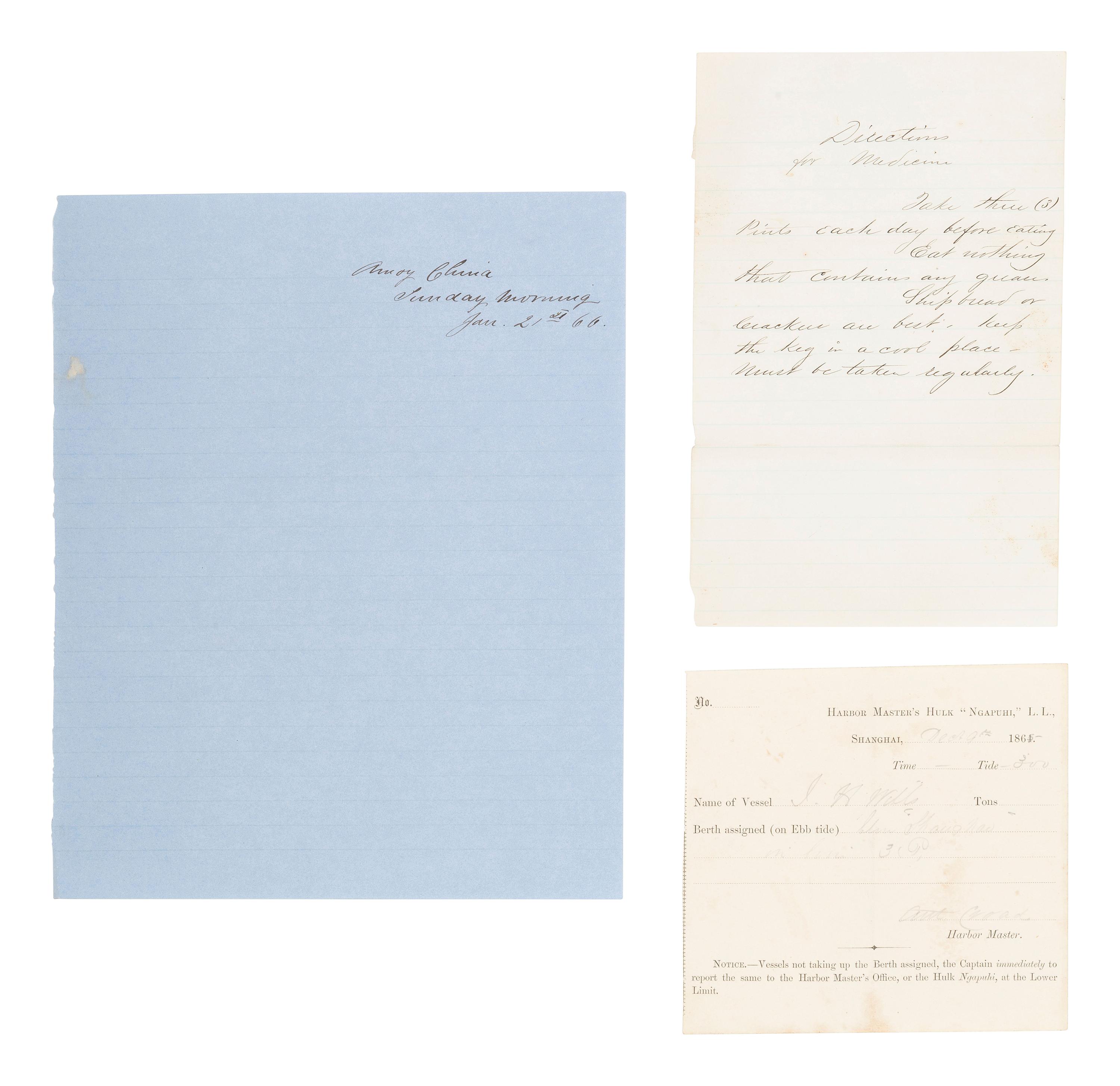 [MARITIME]. Log of the Barques Wavelet , Looling , and J.H. Wills documenting journeys in East Asia, ca 1862-1865. [ With: ] Notebook containing sea shanties and sketches of ships, ca 1862-63.