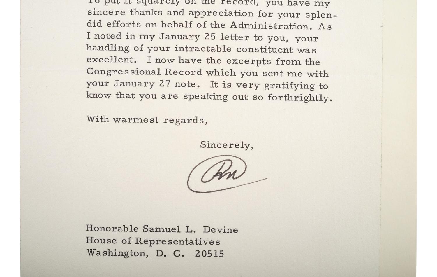 NIXON, Richard (1913-1994) 3 TLsS, with inscribed photograph, to Representative Samuel L. Devine.