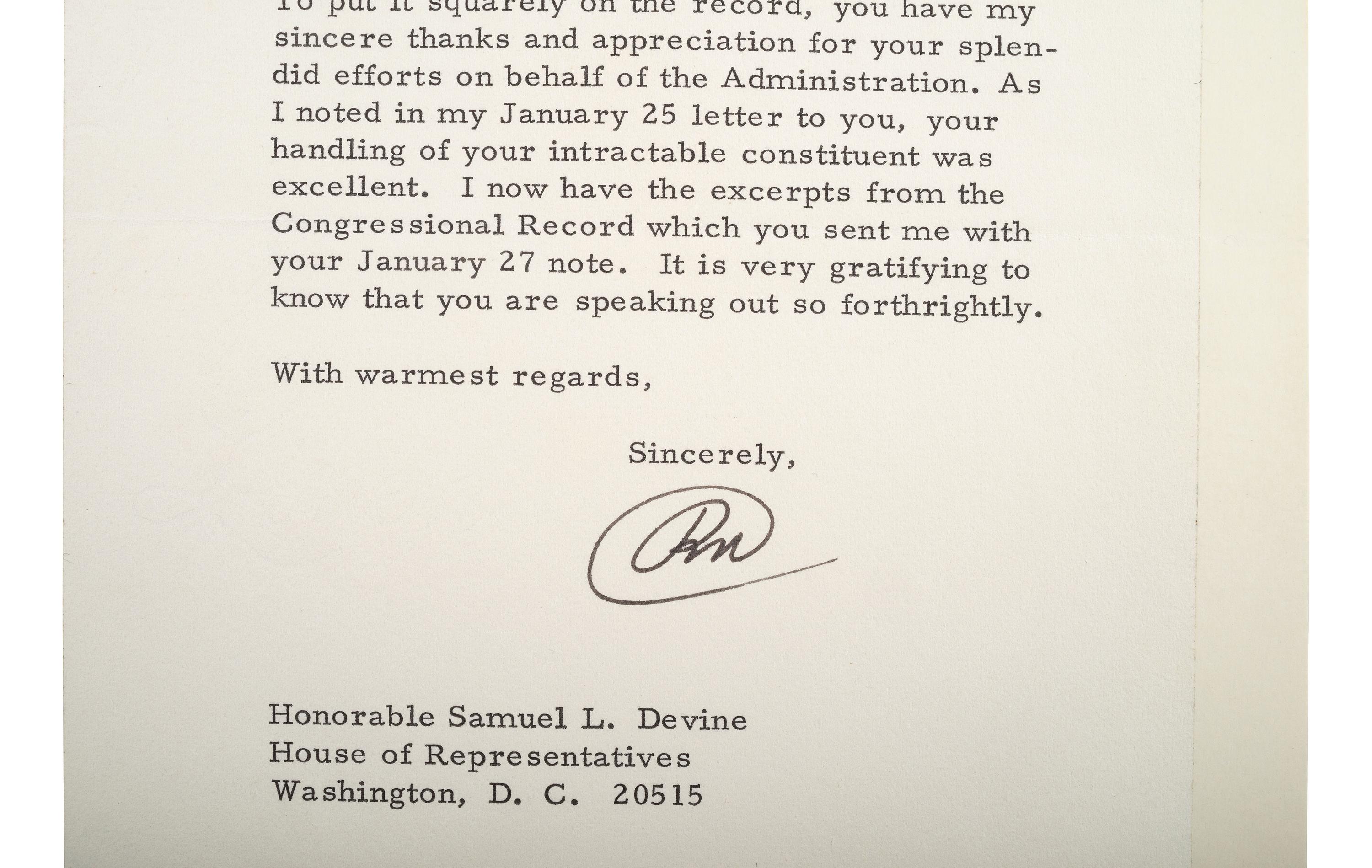 NIXON, Richard (1913-1994) 3 TLsS, with inscribed photograph, to Representative Samuel L. Devine.