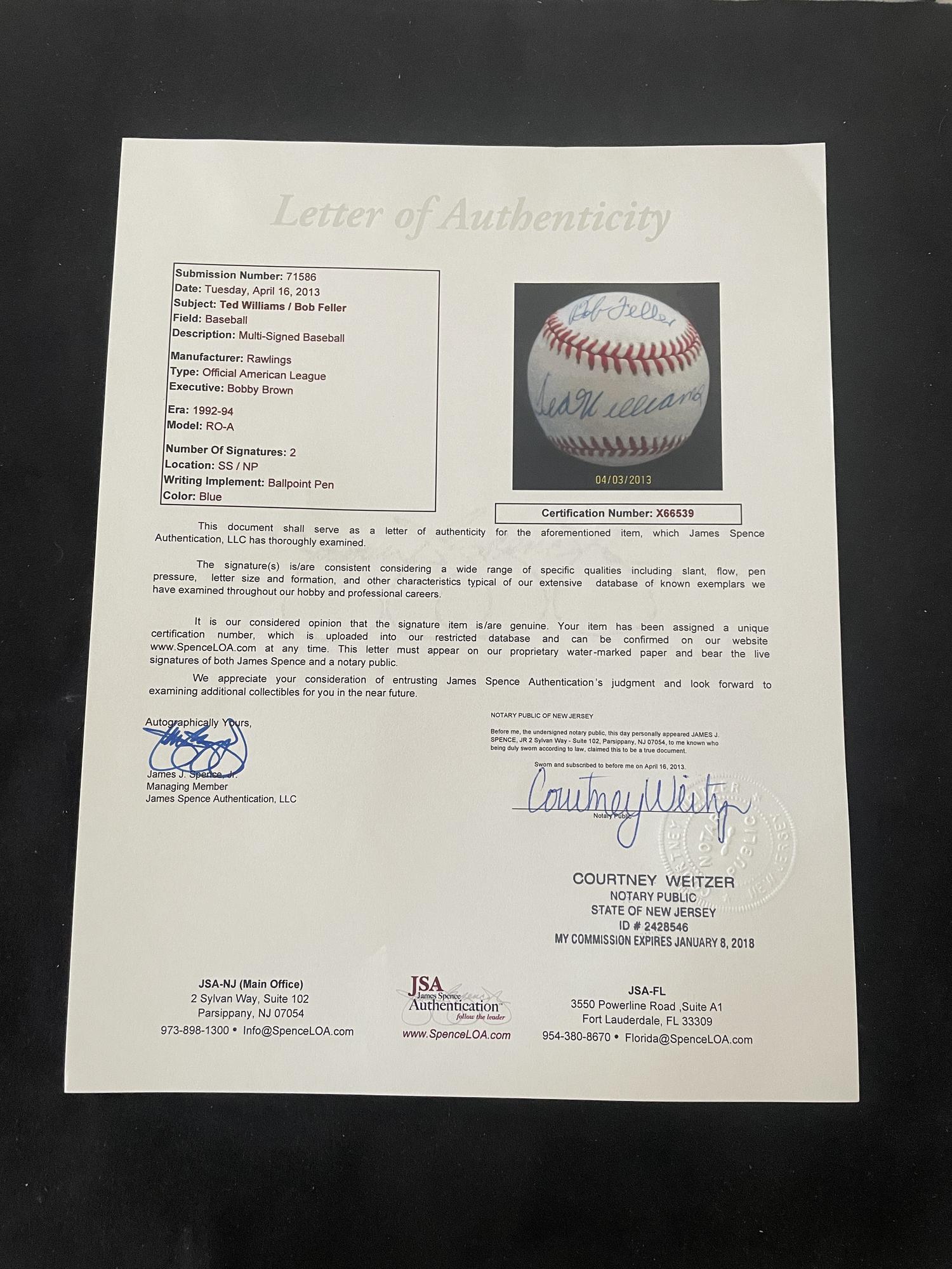 A Collection of Two Ted Williams / Bob Feller Dual Signed Autograph Baseballs (JSA Letters)