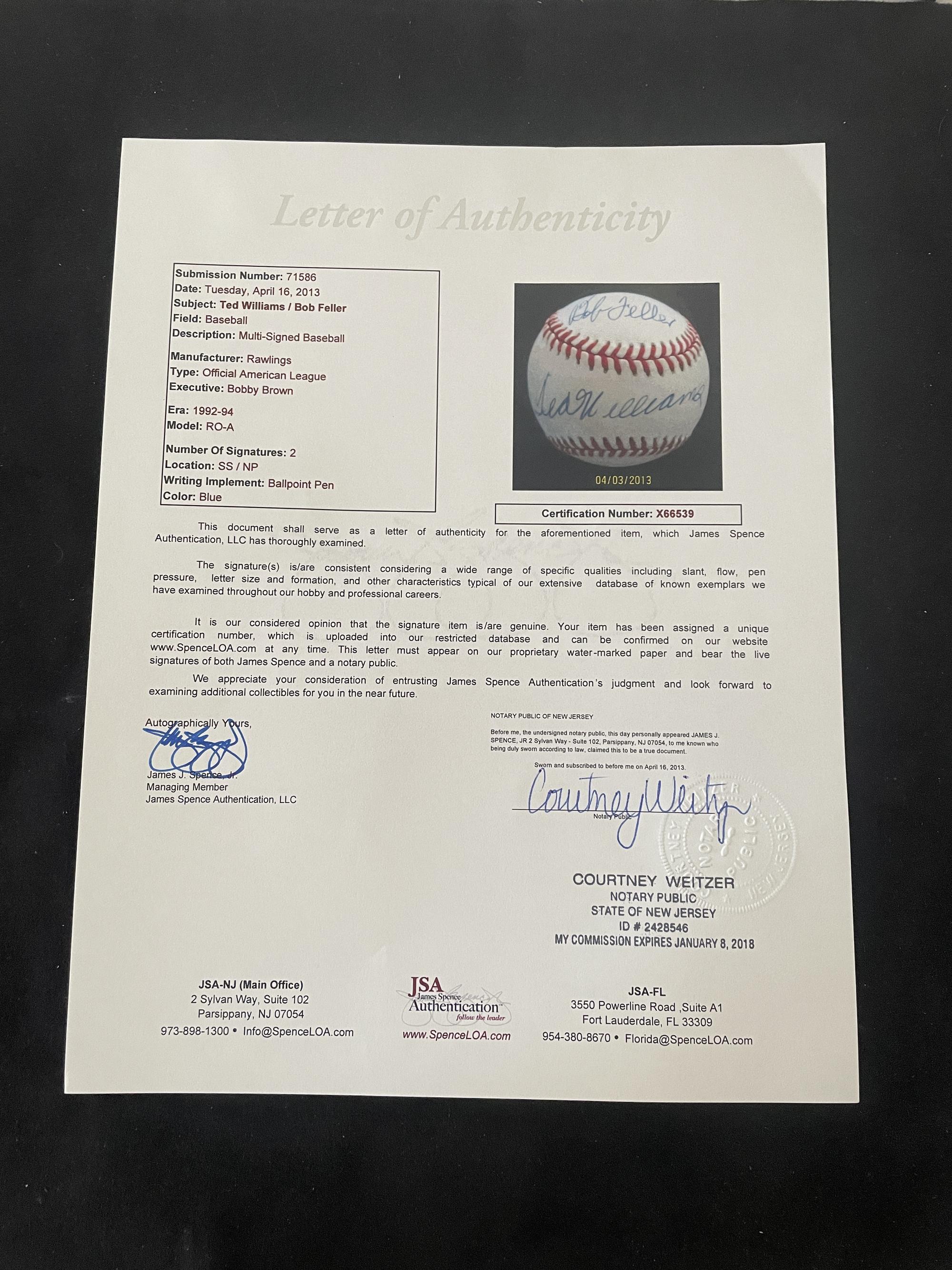 A Collection of Two Ted Williams / Bob Feller Dual Signed Autograph Baseballs (JSA Letters)