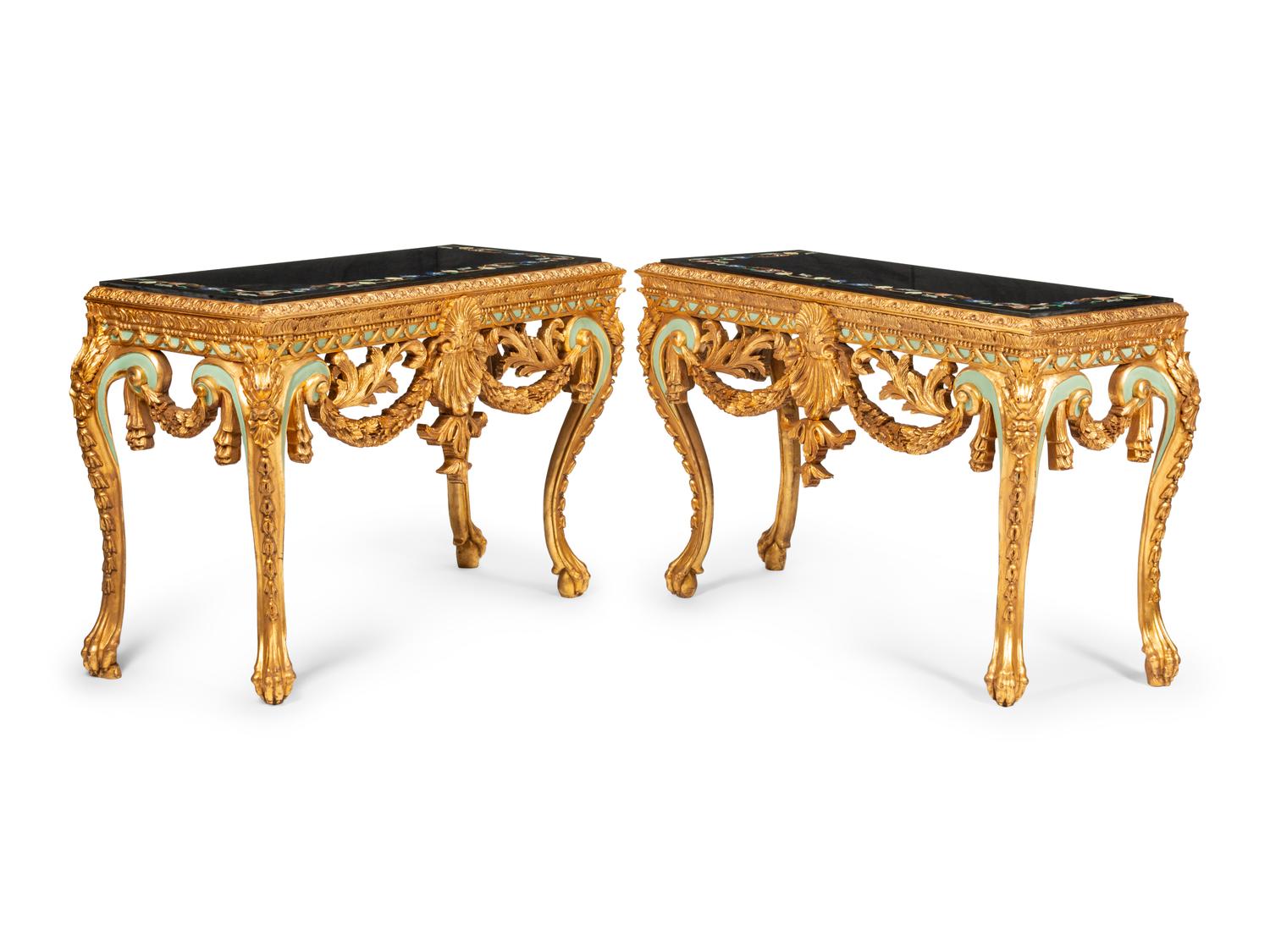 A Pair of Continental Giltwood Console Tables with Pietra Dura Tops
