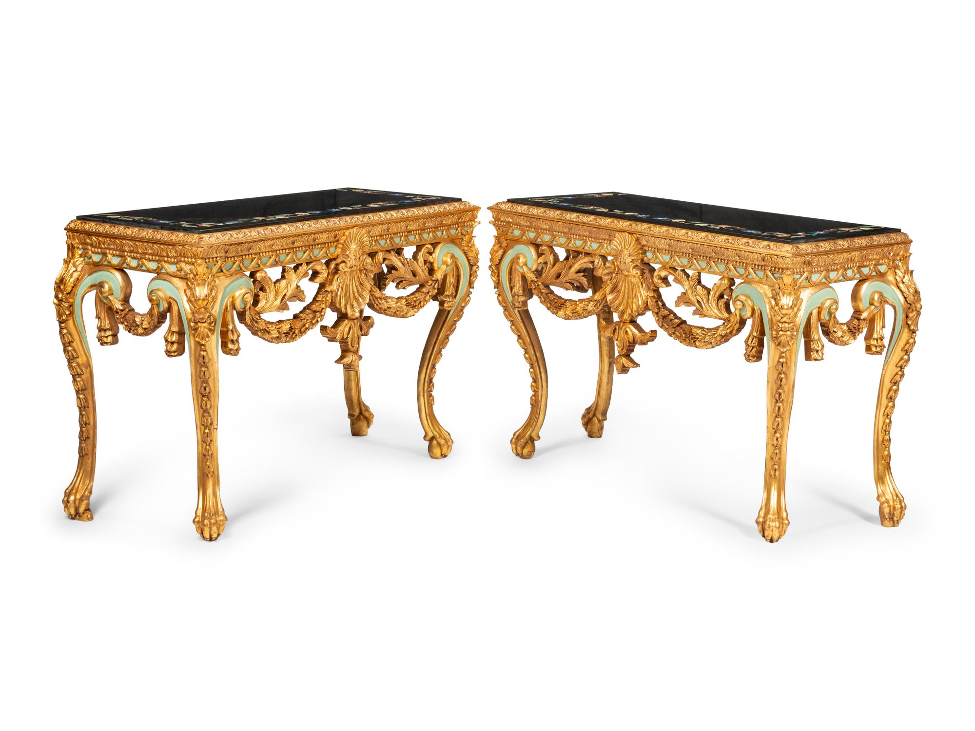 A Pair of Continental Giltwood Console Tables with Pietra Dura Tops