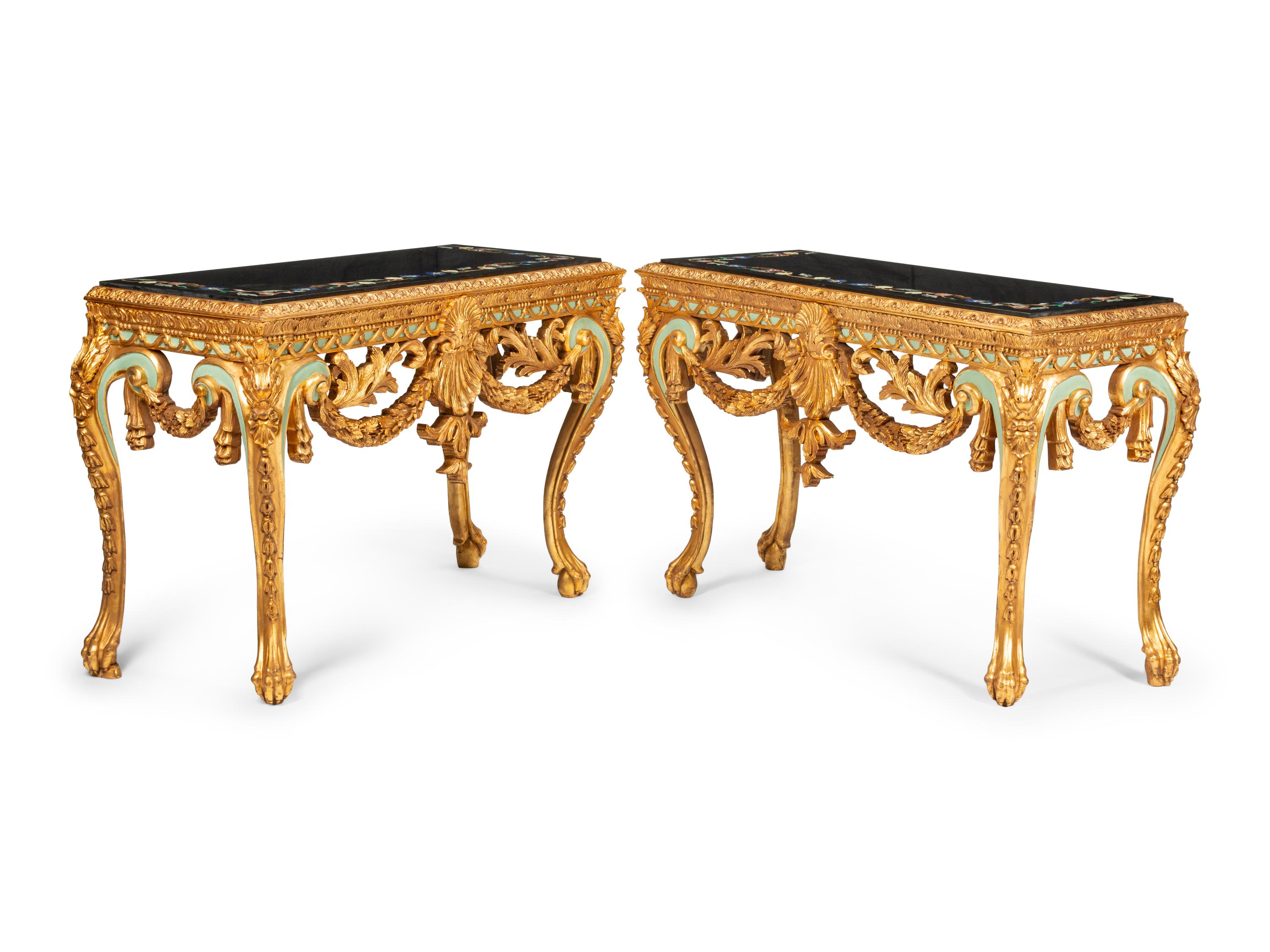A Pair of Continental Giltwood Console Tables with Pietra Dura Tops