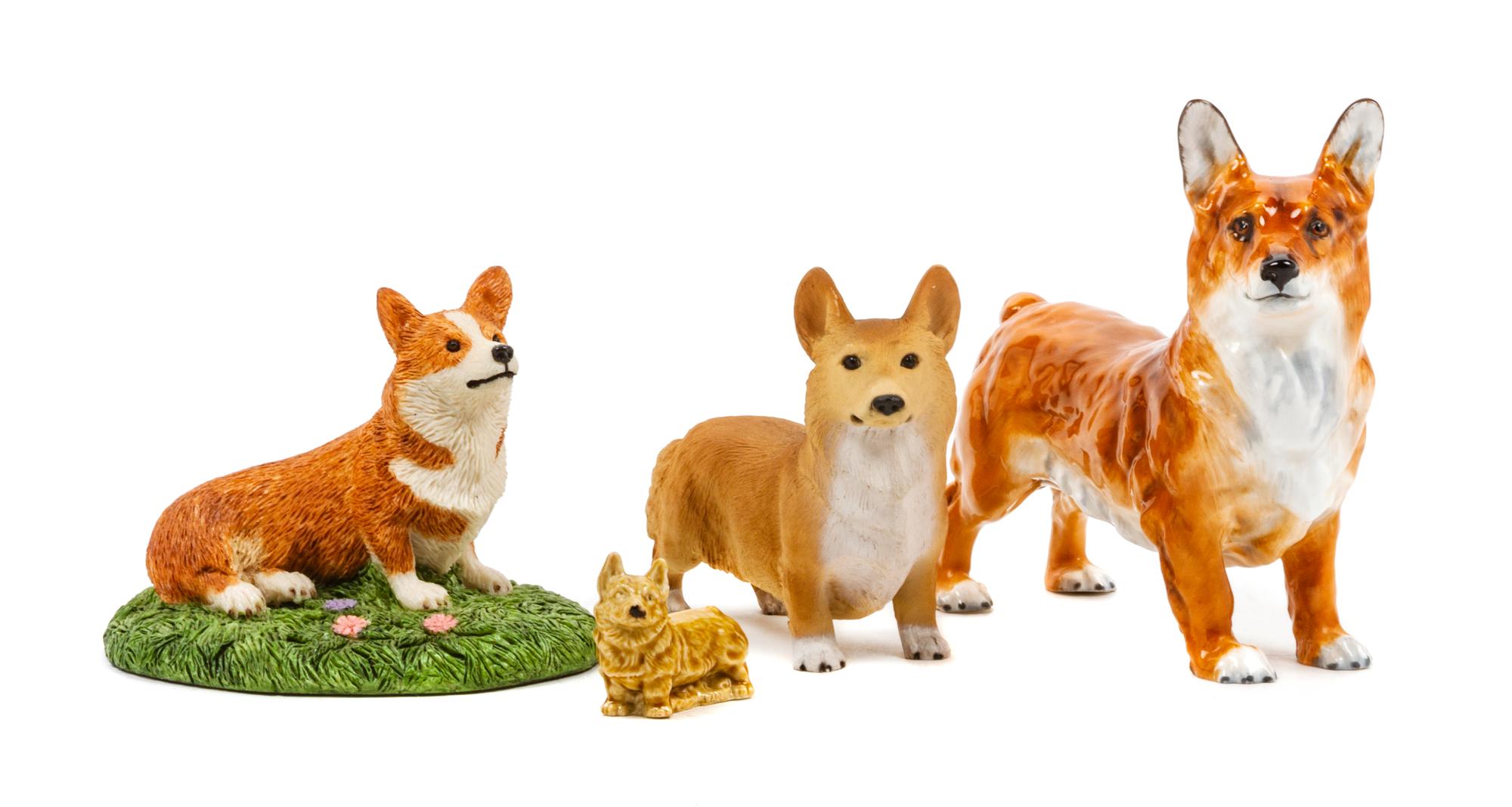 A Group of Four Pembroke Welsh Corgi Figures Width of widest 5 3/4 inches.