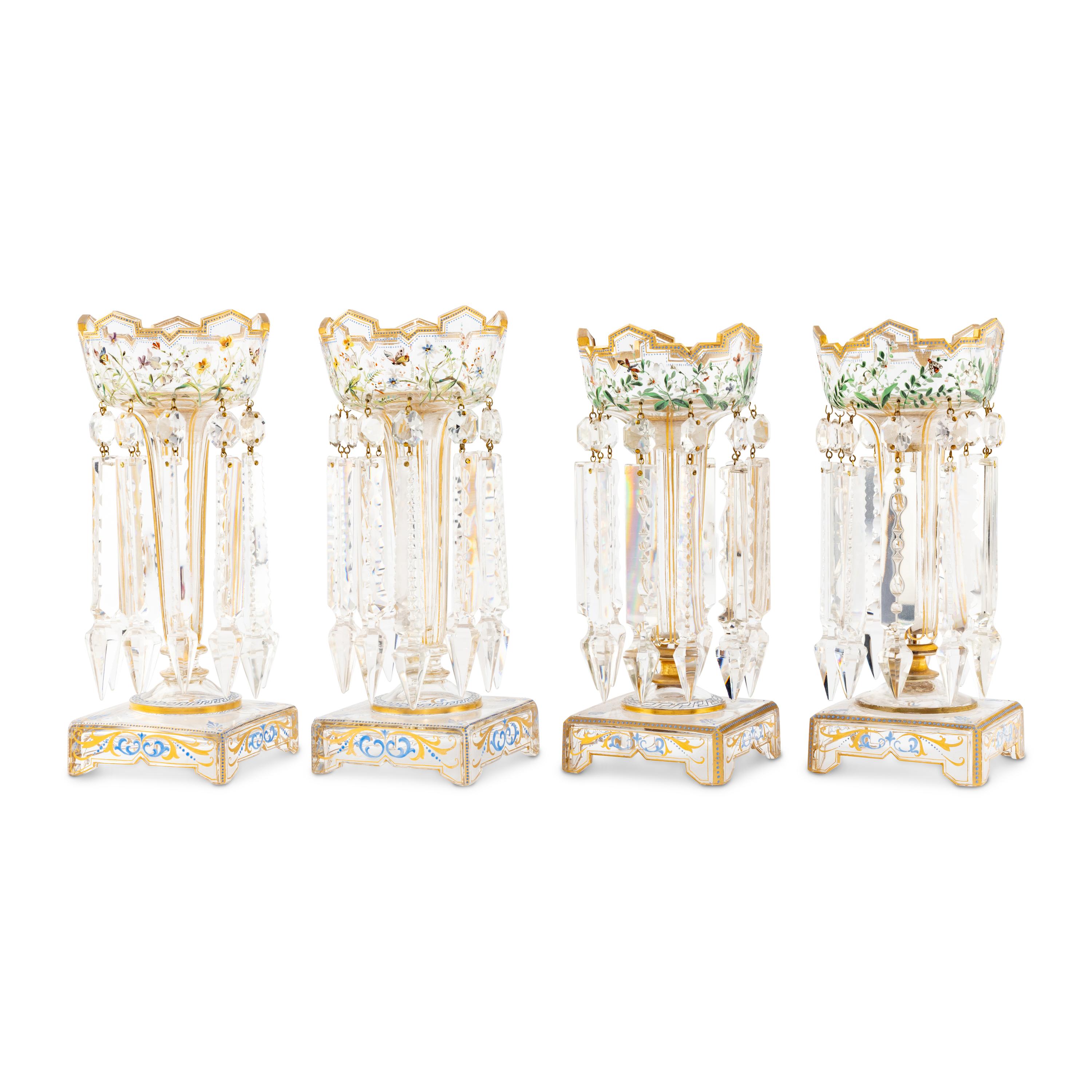 A Set of Four Bohemian Enameled Cut Glass Girandole Candlesticks