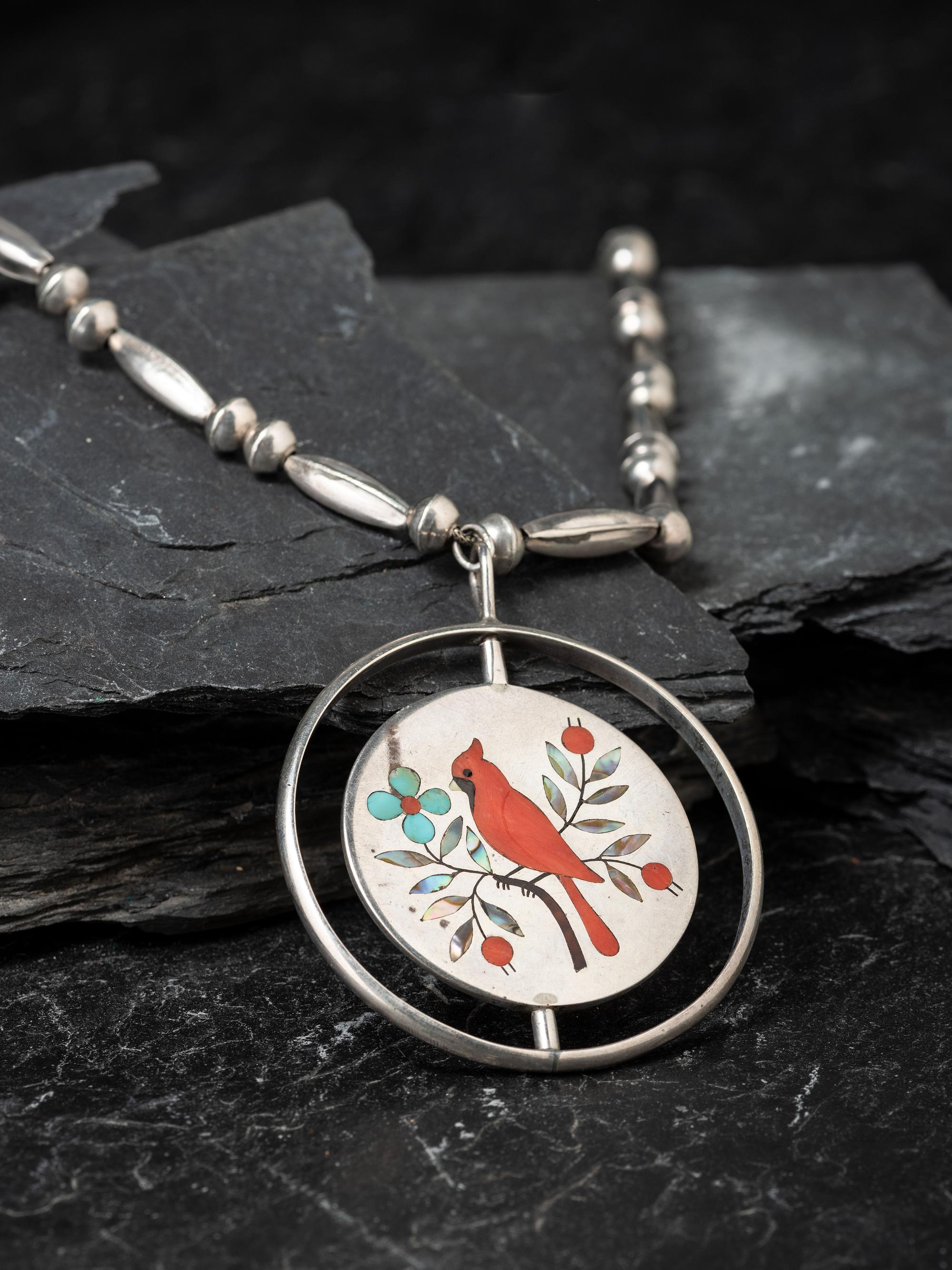 Channel Inlay Hummingbird and Cardinal Swivel Pendant