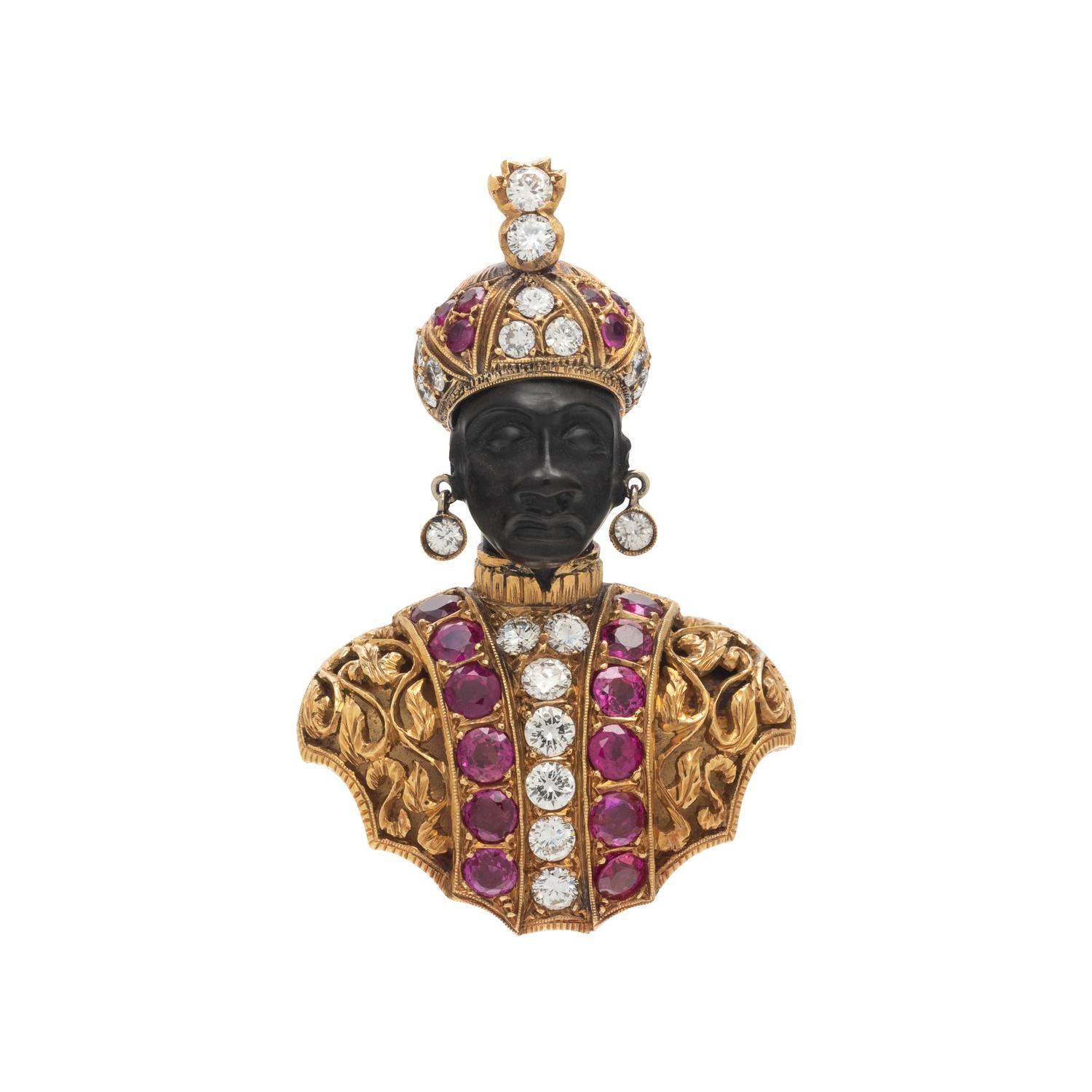 NARDI, YELLOW GOLD, DIAMOND AND RUBY BLACKAMOOR BROOCH