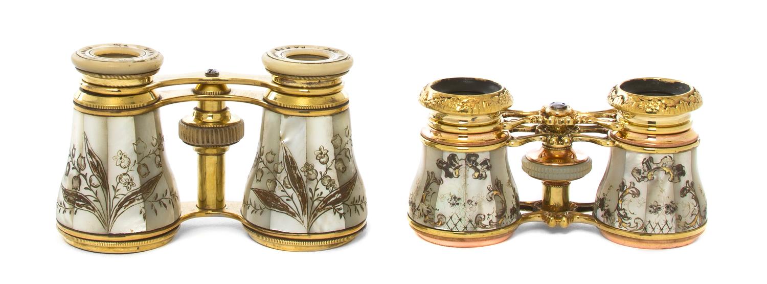 Two Pairs of French Mother-of-Pearl Veneered Opera Glasses, Width of first 4 1/8 inches.