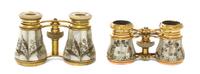 Two Pairs of French Mother-of-Pearl Veneered Opera Glasses, Width of first 4 1/8 inches.