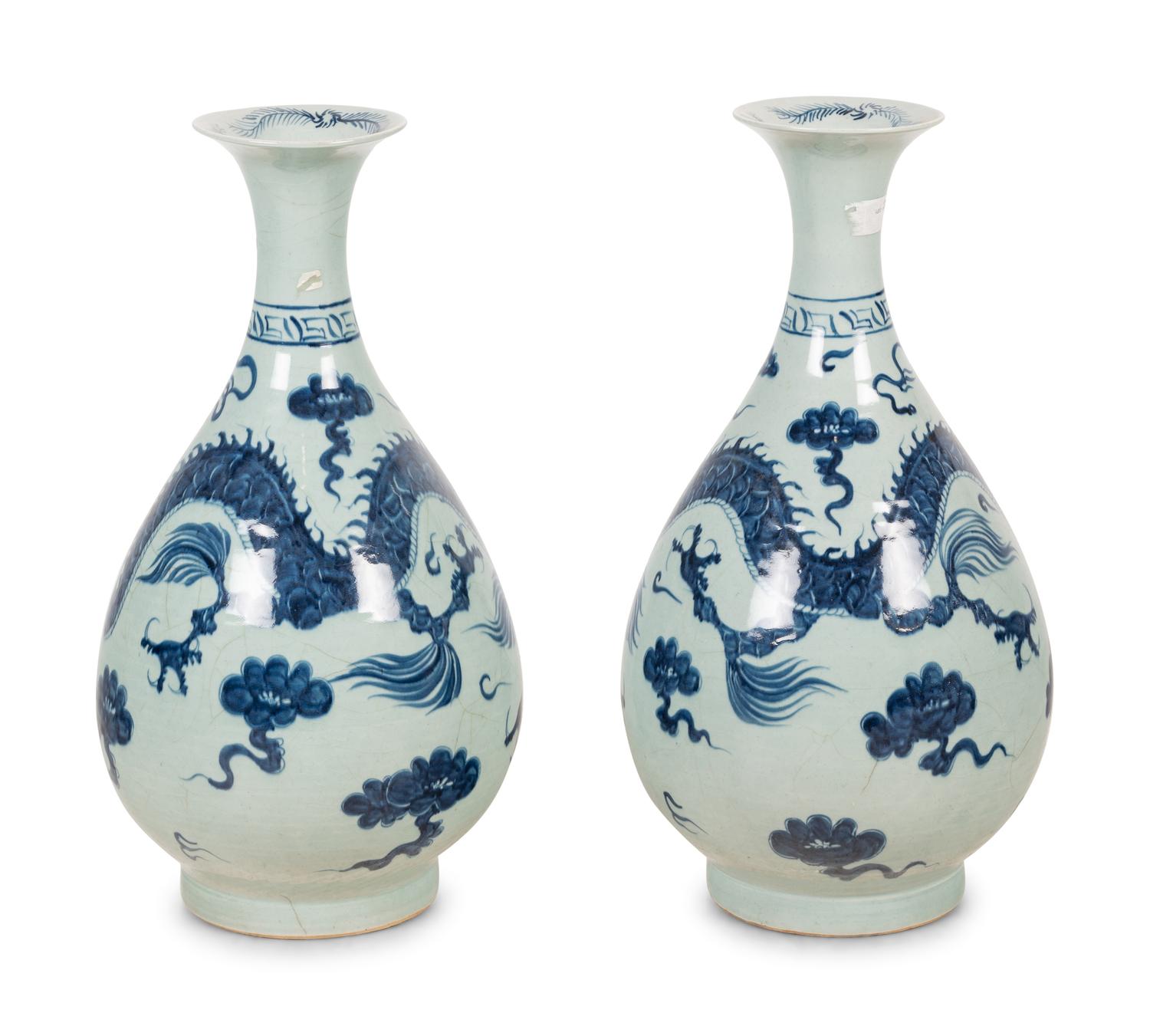 A Pair of Chinese Blue and White Porcelain Dragon Vases