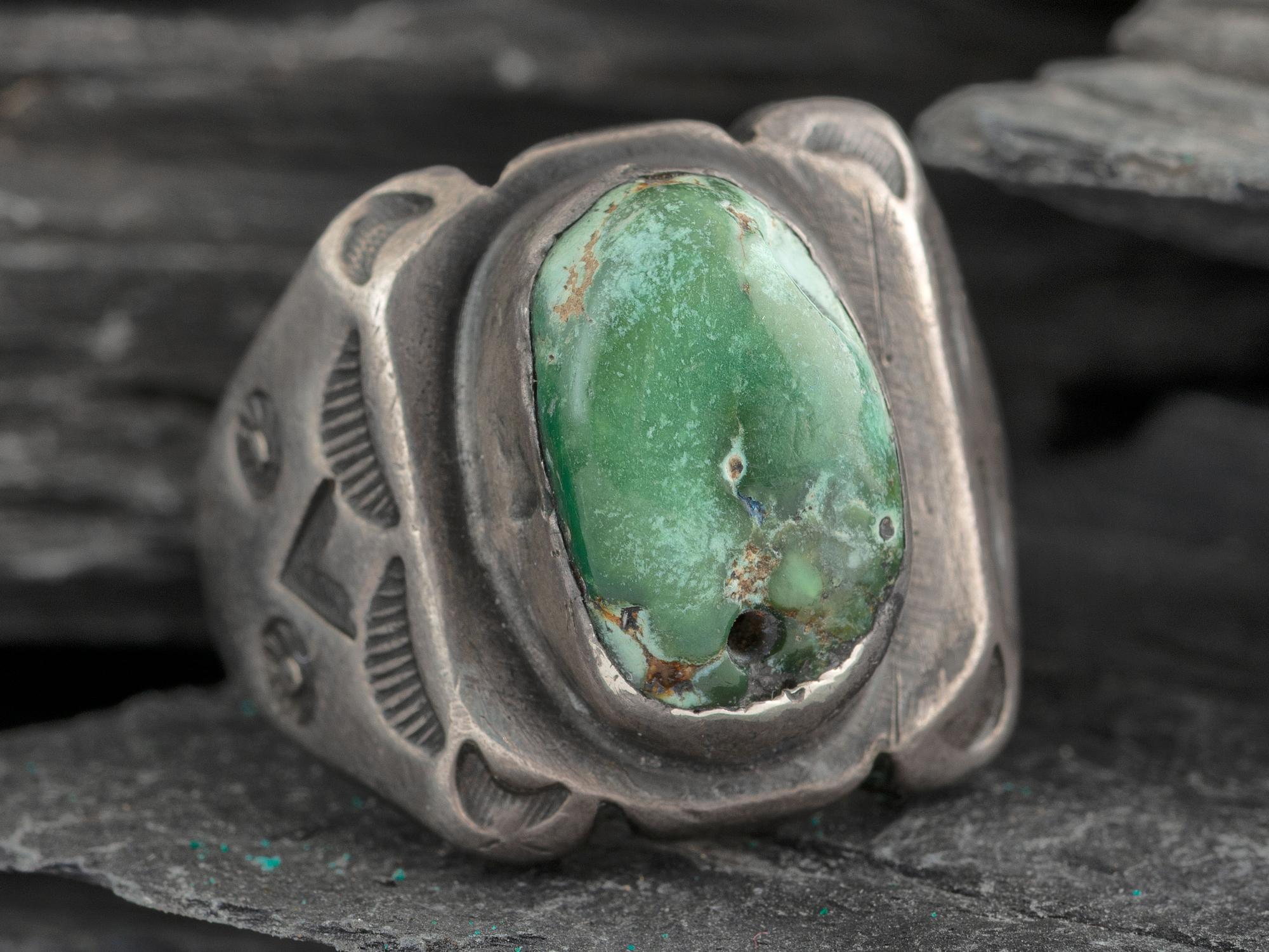 Navajo Stamped Ingot and Drilled Turquoise Ring