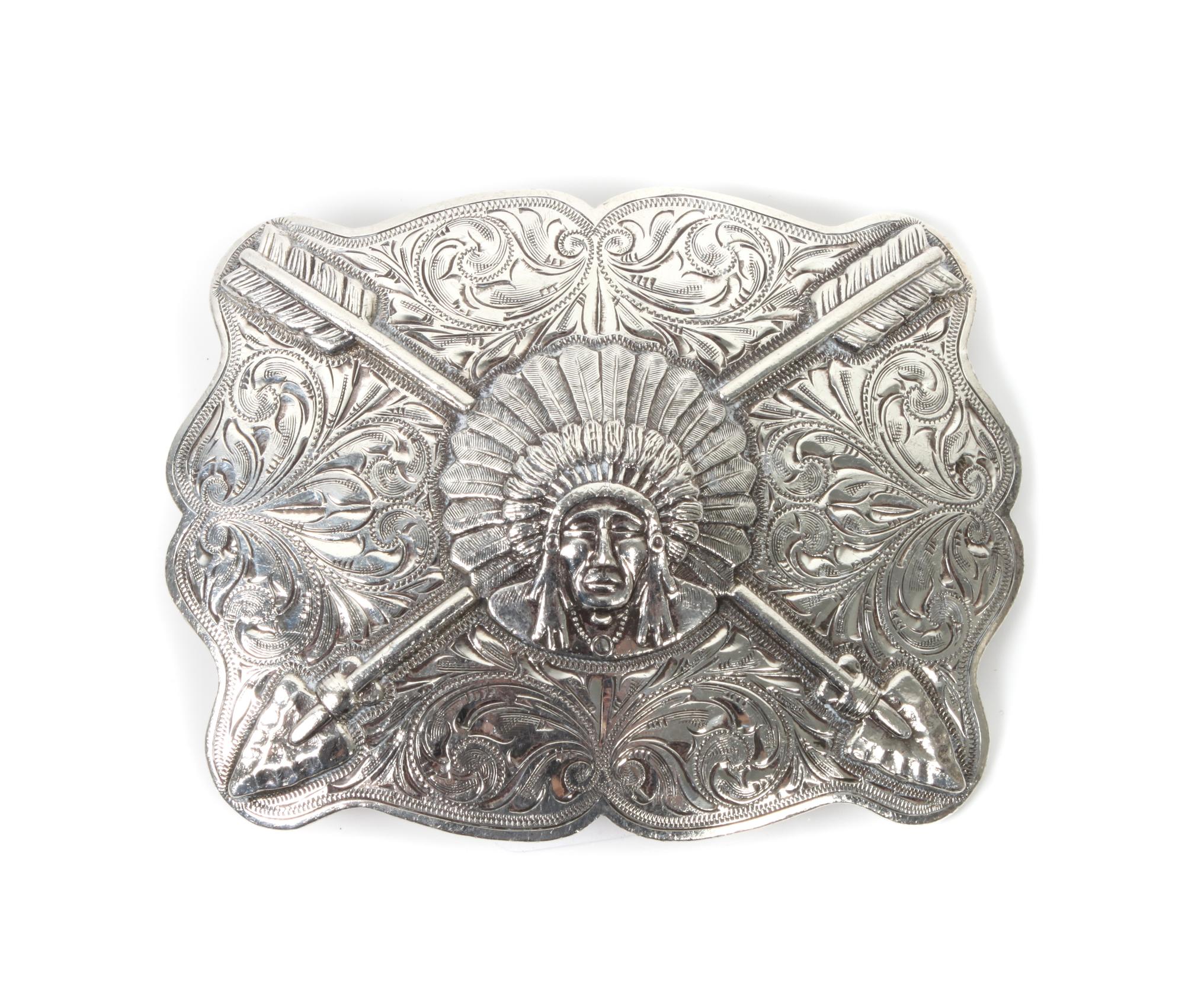 Edward H. Bohlin, Hollywood, CA Sterling Silver Indian Chief Trophy Belt Buckle Height 3 x width 4 inches.