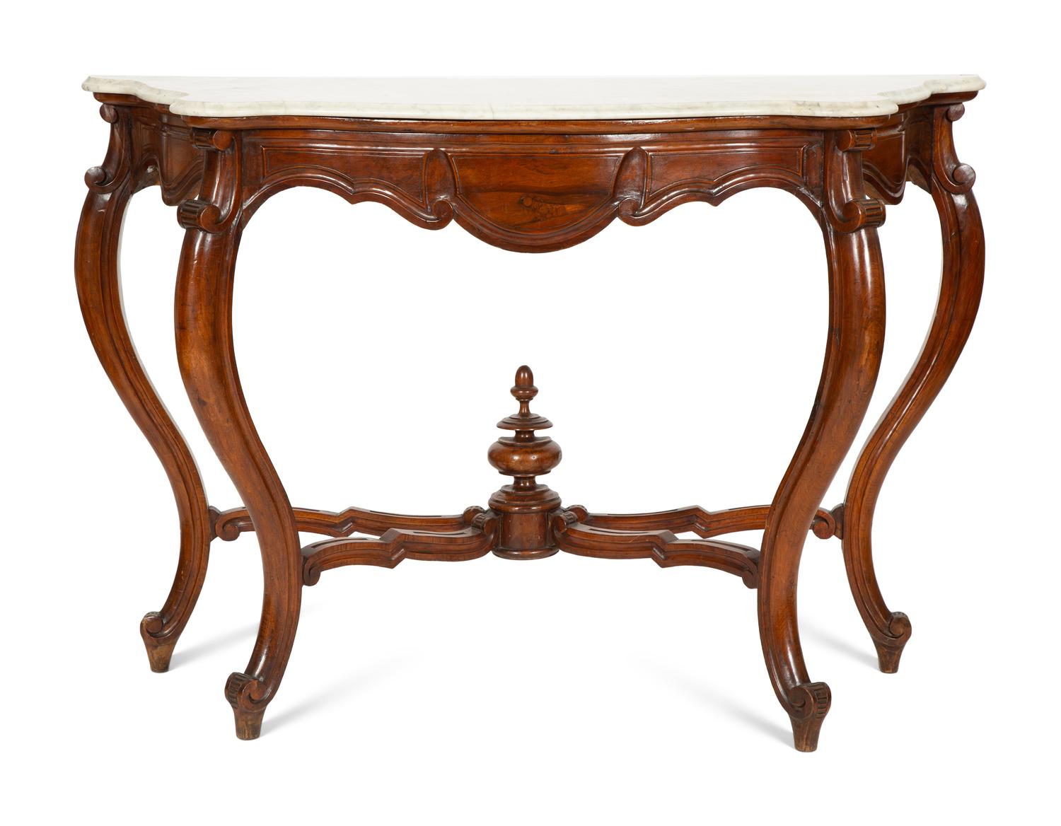 A Continental Walnut Marble-Top Console Table