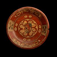 A Maya Polychrome Terracotta Tripod Plate with Gods and Glyphs