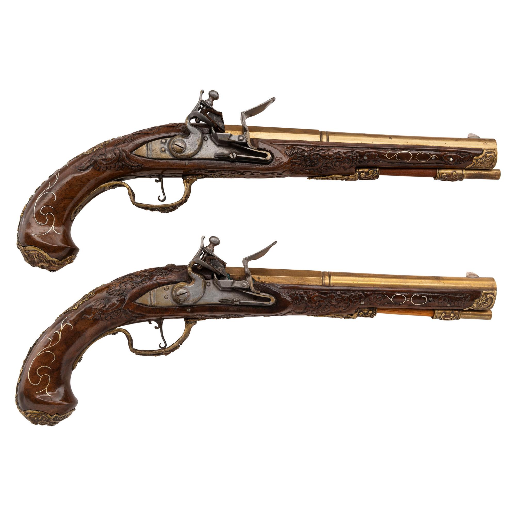 Contemporary Cased Pair of Flintlock Pistols in the Style of Leopold Becher by John B. Derrick (American, b.1936)